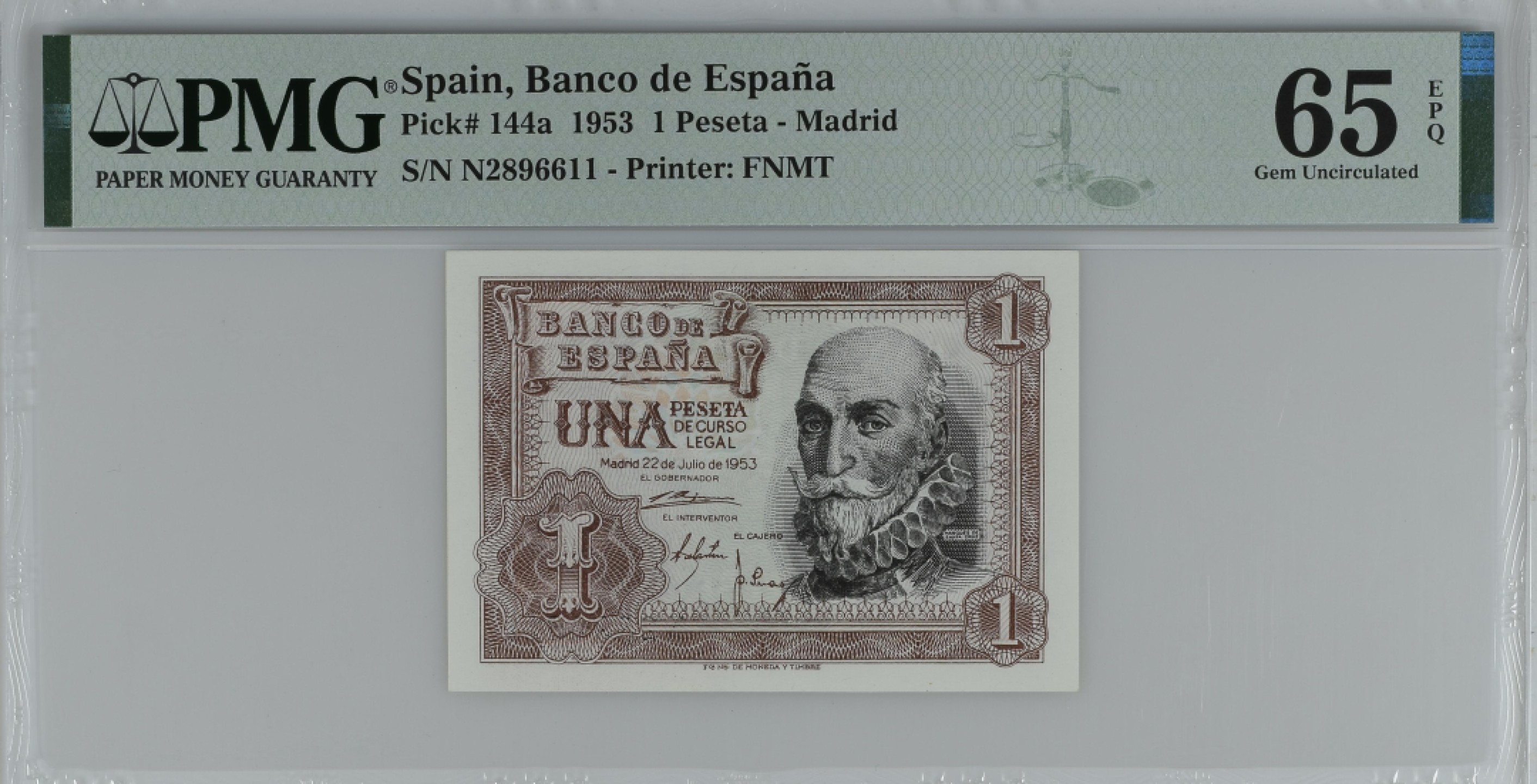 紫瑗钱币——第284期拍卖—纸币团购场 满10件包邮 【65 EPQ 叠尾1】西班牙 1953年  圣克鲁斯侯爵 阿尔瓦罗·德·巴赞 1比塞塔 PMG N2896611
