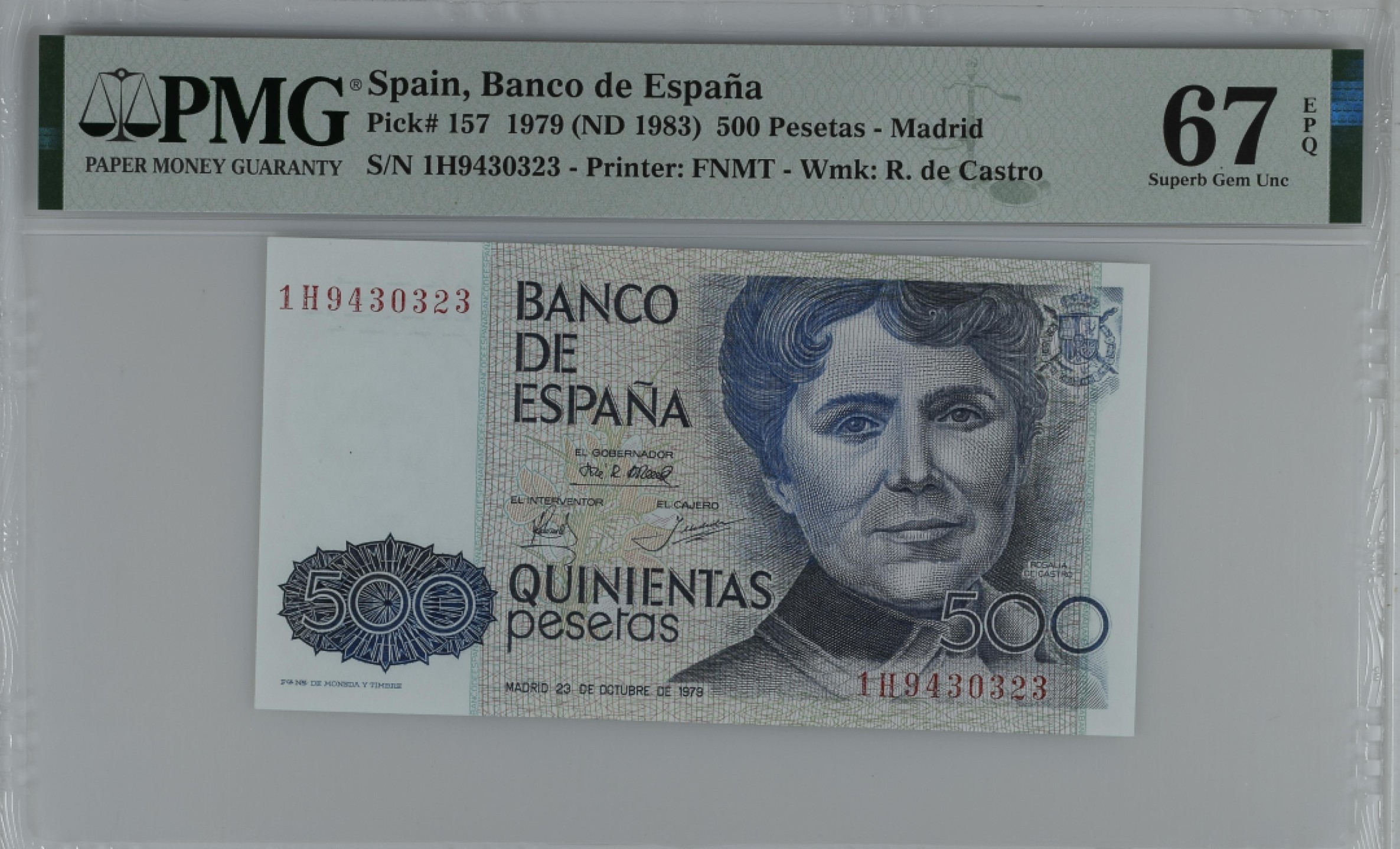 紫瑗钱币——第284期拍卖—纸币团购场 满10件包邮 【67 EPQ】西班牙 1979(1983)年 罗莎莉亚·德·卡斯特罗 500比塞塔 PMG 1H9430323