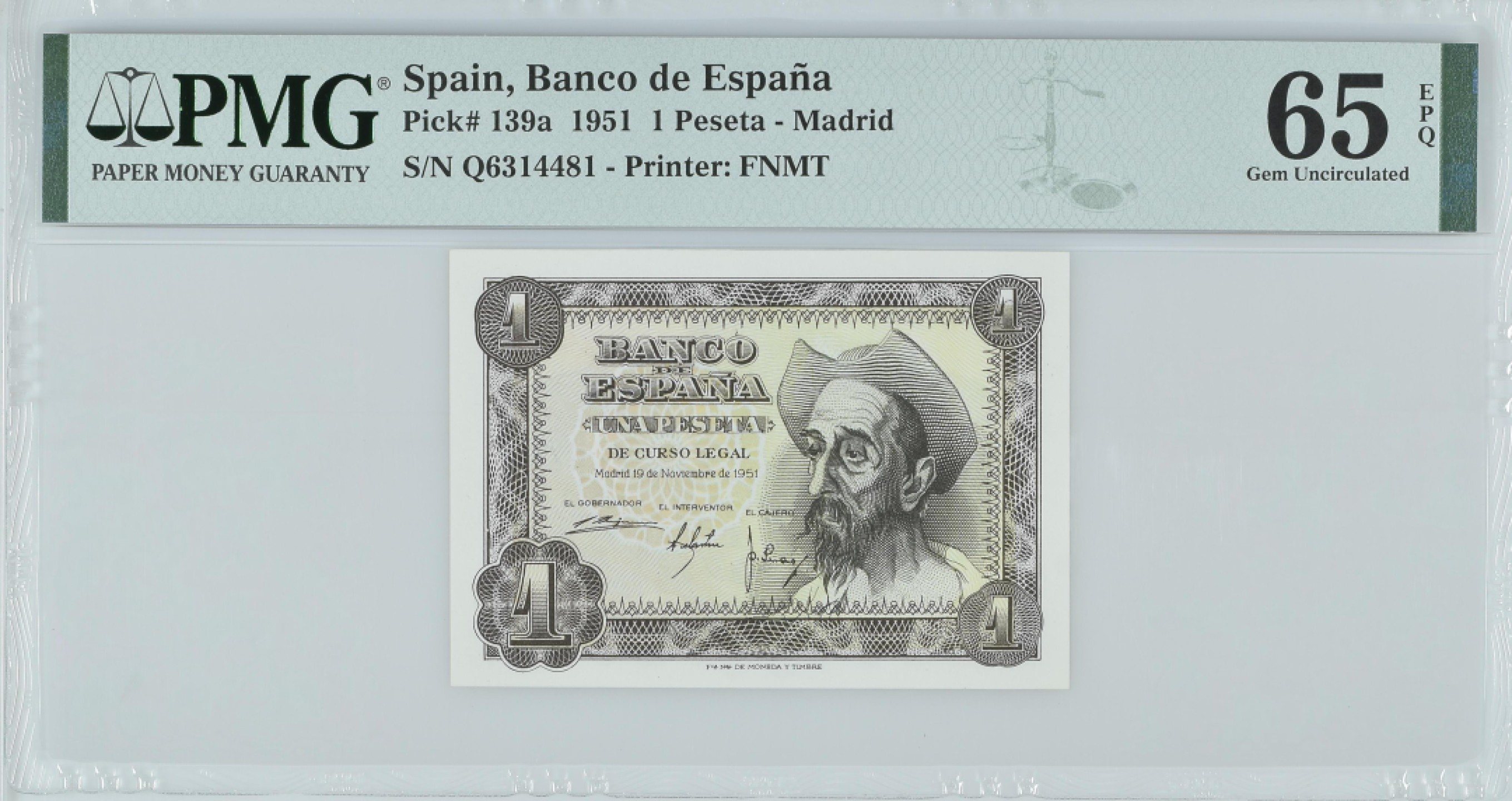 紫瑗钱币——第282期拍卖—纸币团购场（塞尔维亚 西班牙） 满10件包邮 【65 EPQ】西班牙 1951年 唐吉坷德 1比塞塔 PMG (p-139a) Q6314481