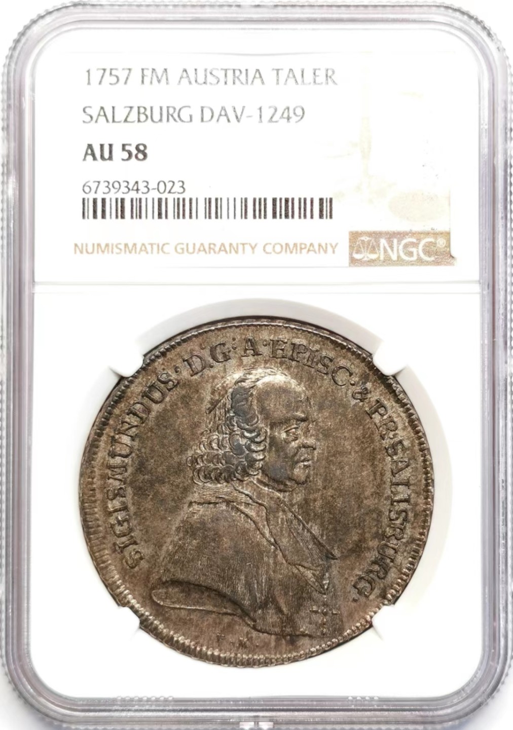 凡希社世界钱币微拍第二百四十二期 1757萨尔茨堡亲王大主教西吉斯蒙德泰勒大银NGC-AU58深色包浆少见品种！