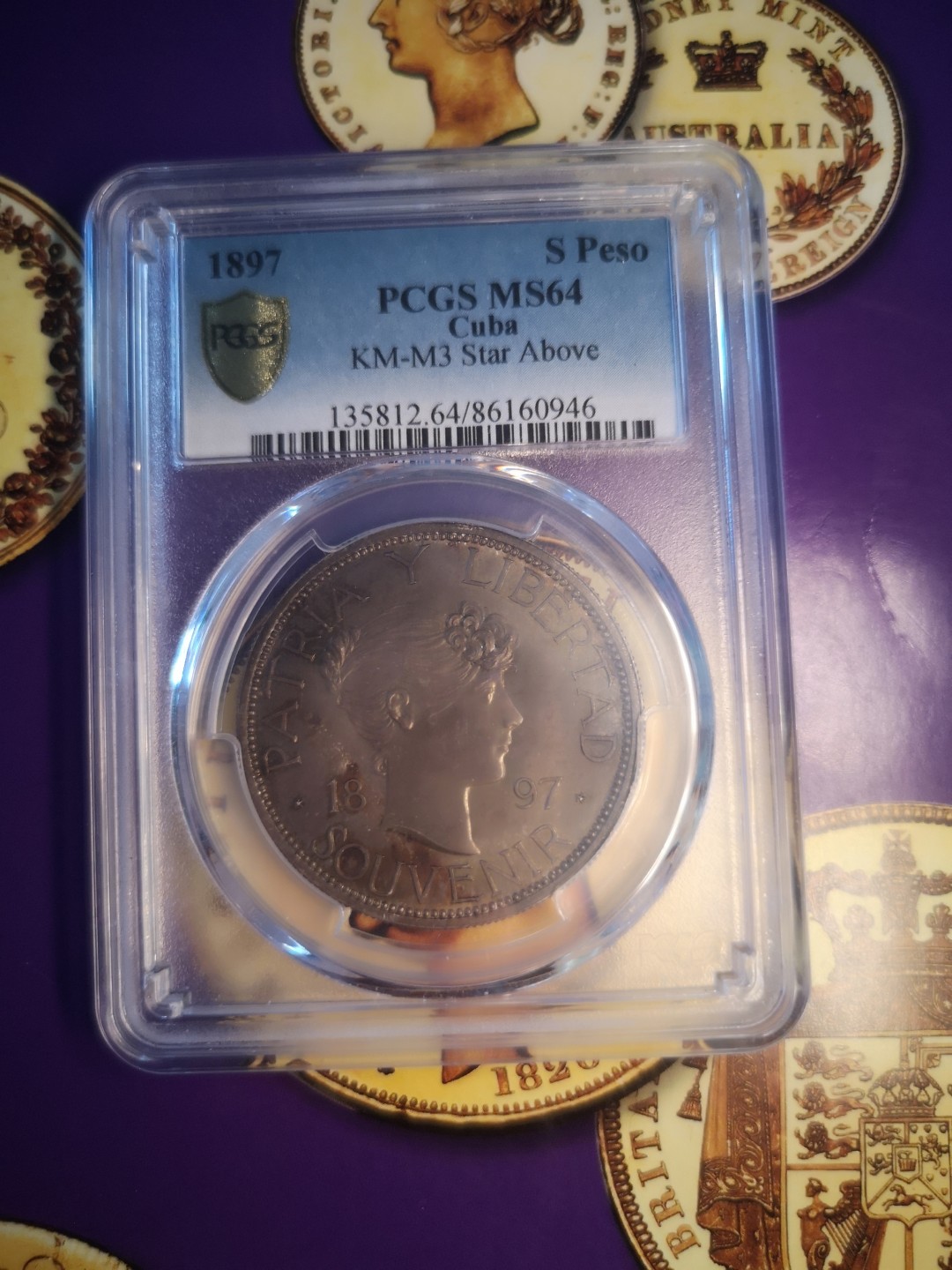 长老汇精品老银币系列 古巴1897女神1比索银币，PCGS MS64，首次使用国徽盾徽，限量版，名誉品