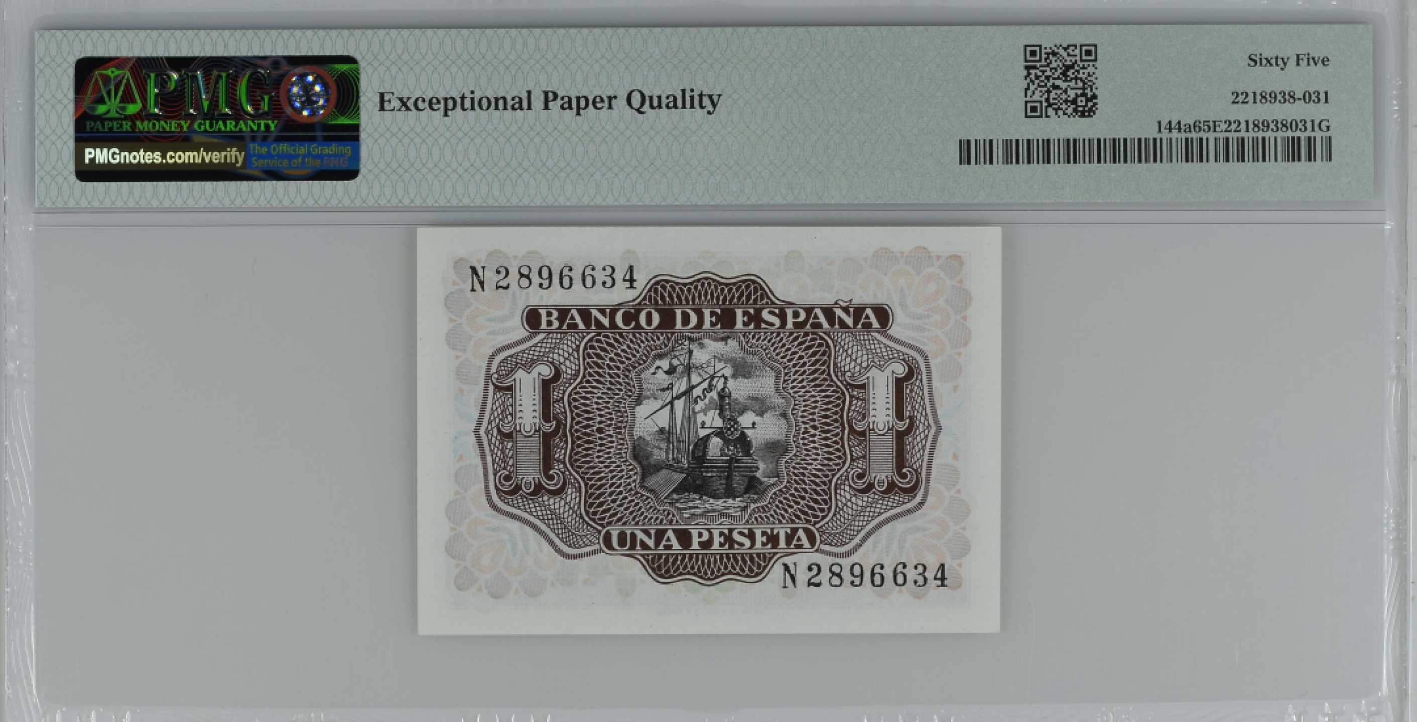 紫瑗钱币——第284期拍卖—纸币团购场 满10件包邮 【65 EPQ】西班牙 1953年  圣克鲁斯侯爵 阿尔瓦罗·德·巴赞 1比塞塔 PMG N2896634