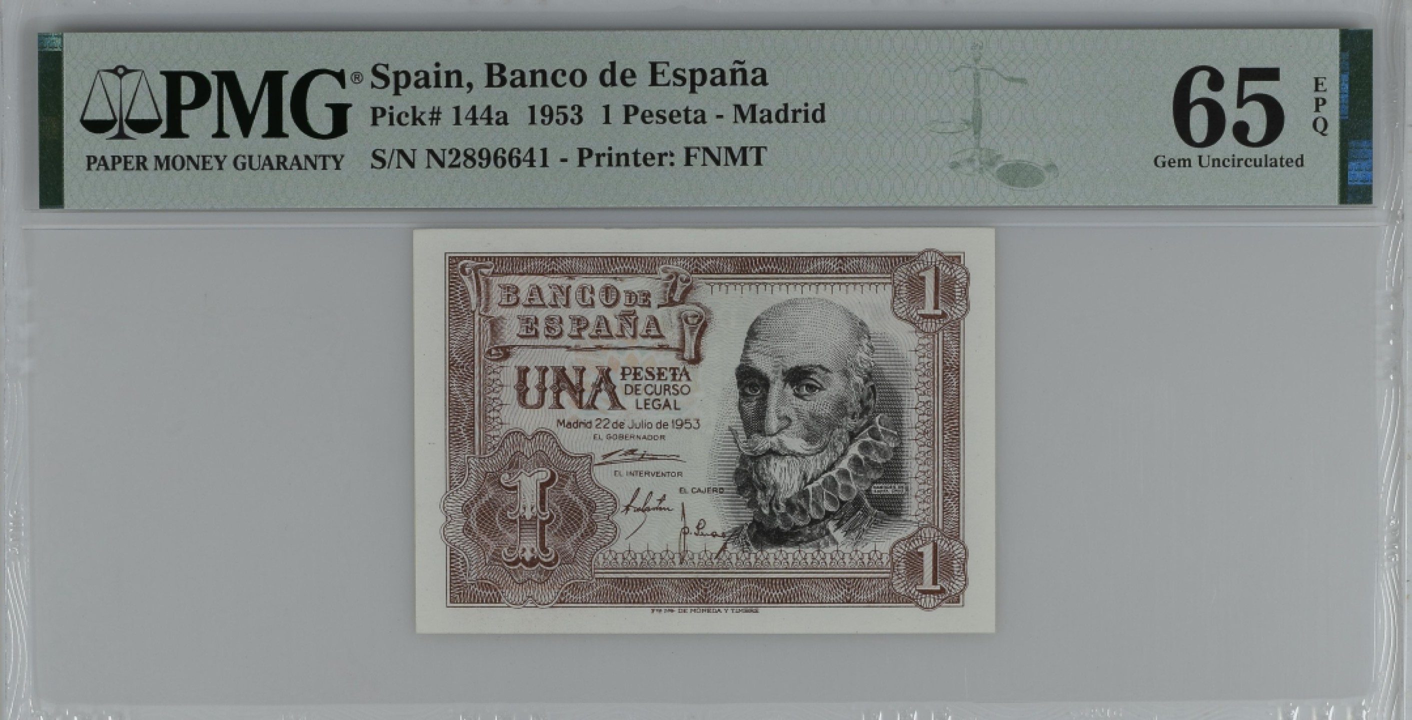紫瑗钱币——第284期拍卖—纸币团购场 满10件包邮 【65 EPQ】西班牙 1953年  圣克鲁斯侯爵 阿尔瓦罗·德·巴赞 1比塞塔 PMG N2896641