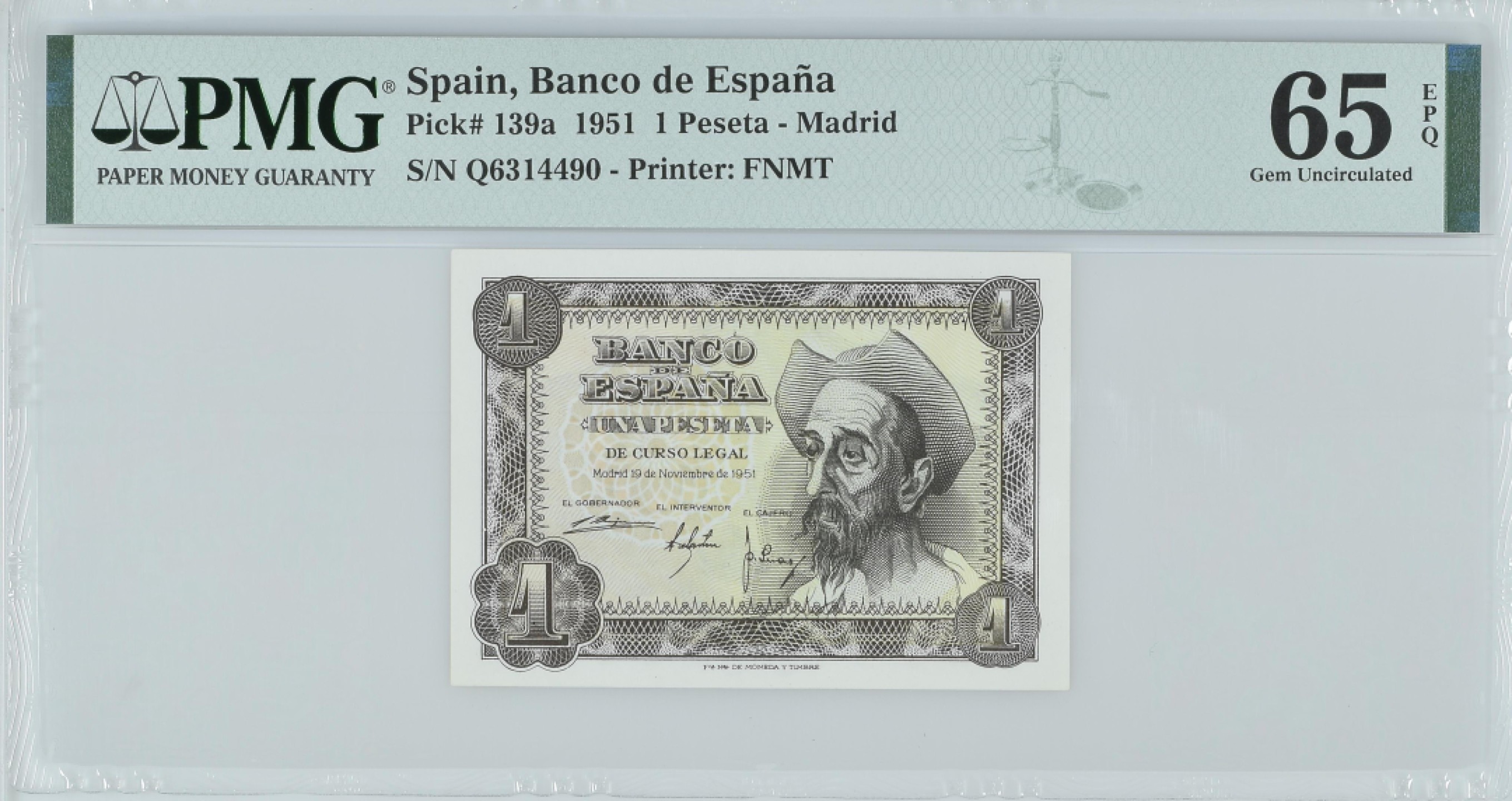 紫瑗钱币——第282期拍卖—纸币团购场（塞尔维亚 西班牙） 满10件包邮 【65 EPQ】西班牙 1951年 唐吉坷德 1比塞塔 PMG (p-139a) Q6314490