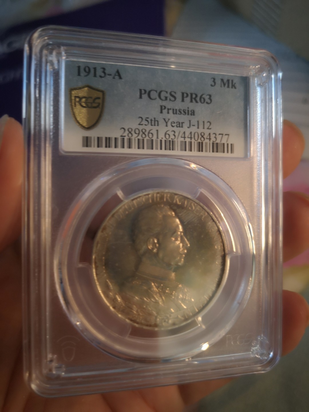 长老汇精品老银币系列 德国1913普鲁士威廉二世精制3马克银币，PCGS PR63，五彩
