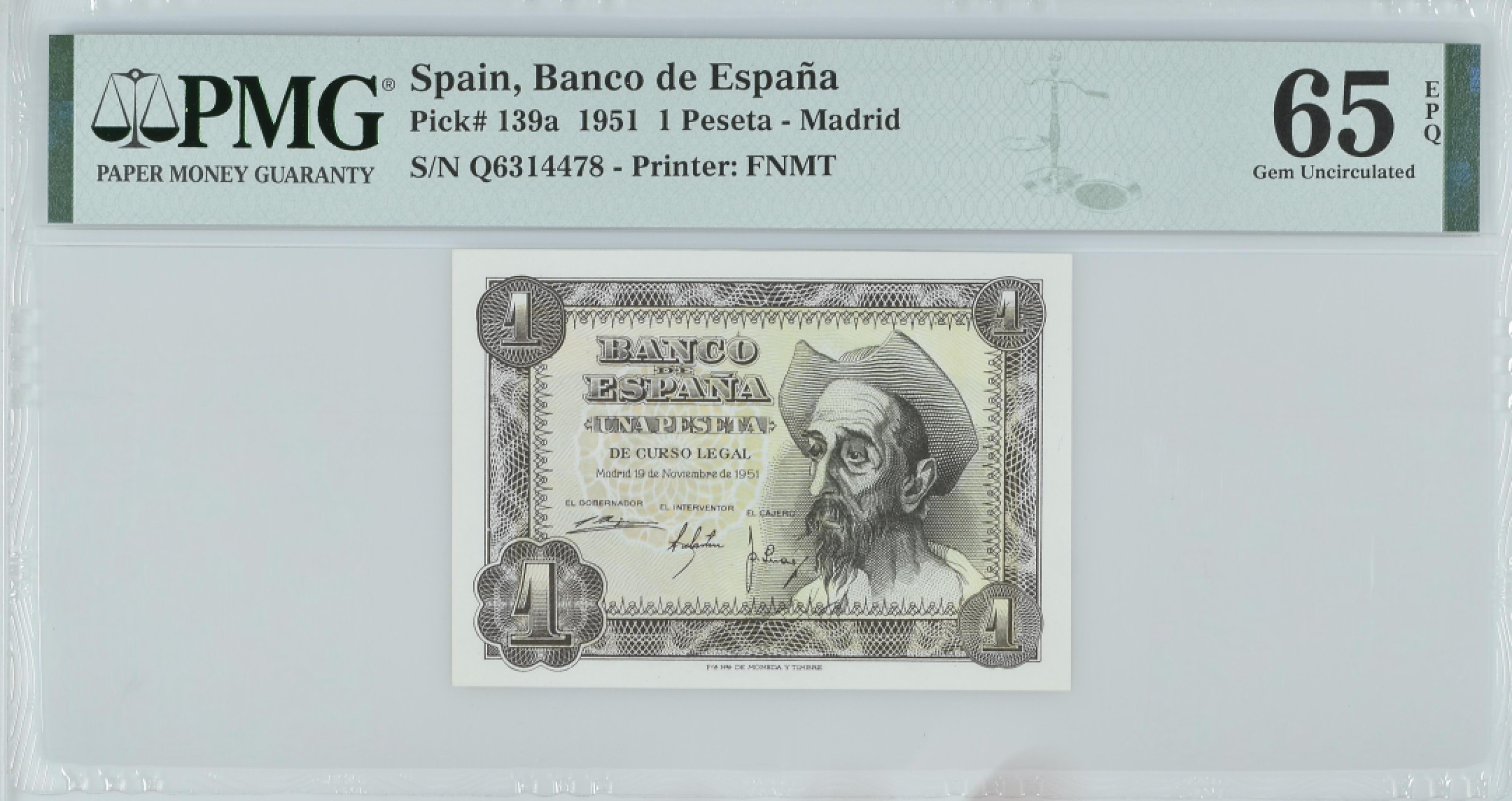 紫瑗钱币——第282期拍卖—纸币团购场（塞尔维亚 西班牙） 满10件包邮 【65 EPQ】西班牙 1951年 唐吉坷德 1比塞塔 PMG (p-139a) Q6314478