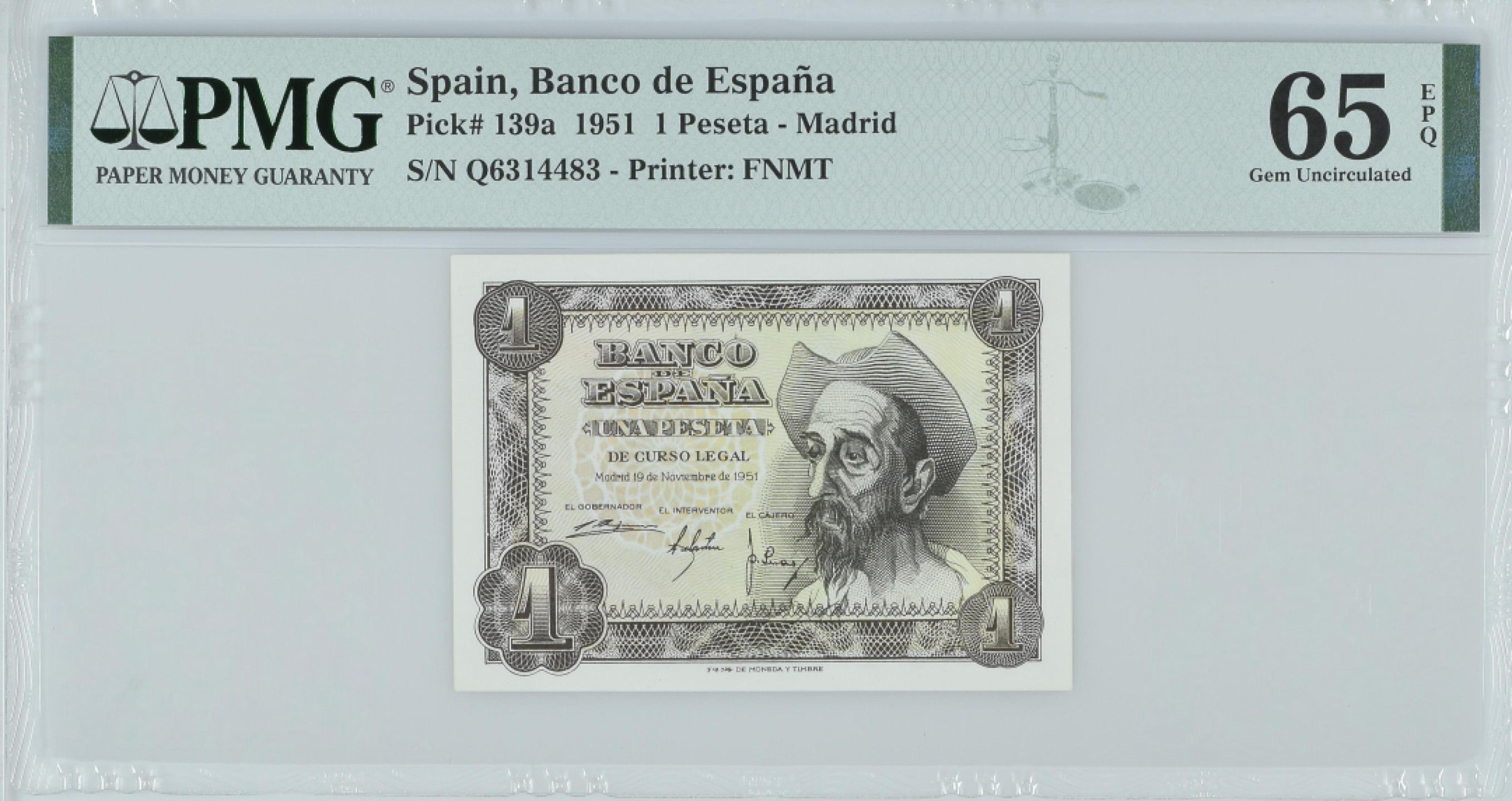 紫瑗钱币——第282期拍卖—纸币团购场（塞尔维亚 西班牙） 满10件包邮 【65 EPQ】西班牙 1951年 唐吉坷德 1比塞塔 PMG (p-139a) Q6314483