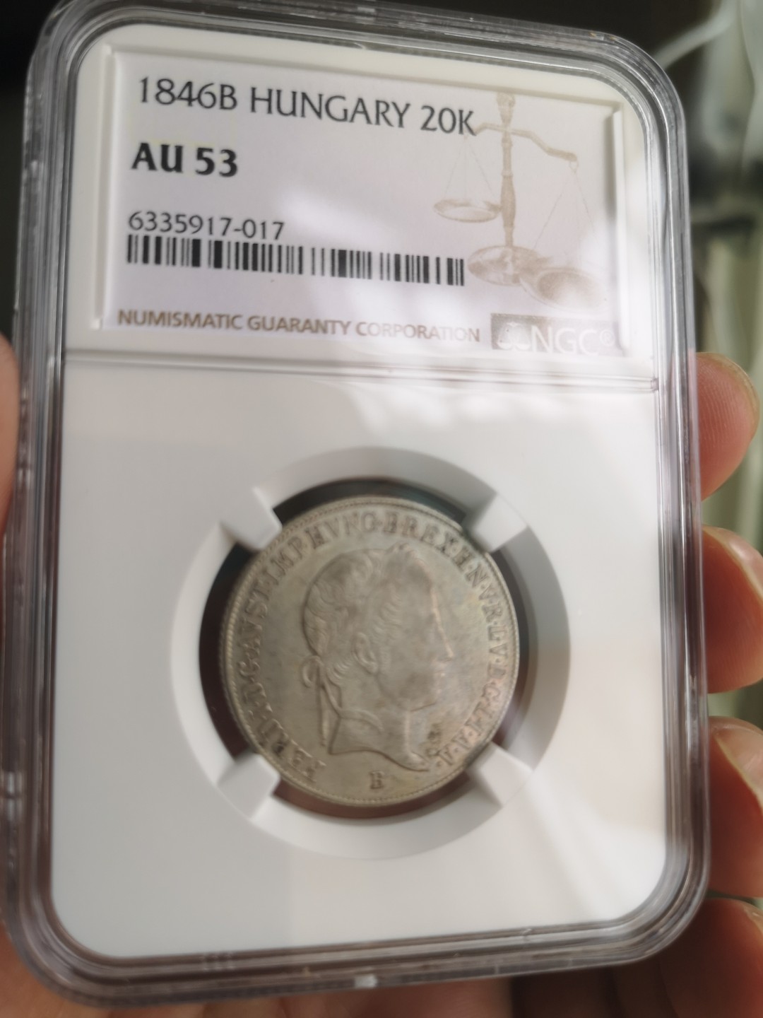 长老汇精品老银币系列 匈牙利1846年圣母抱子20科罗纳银币，NGC AU53，底板好