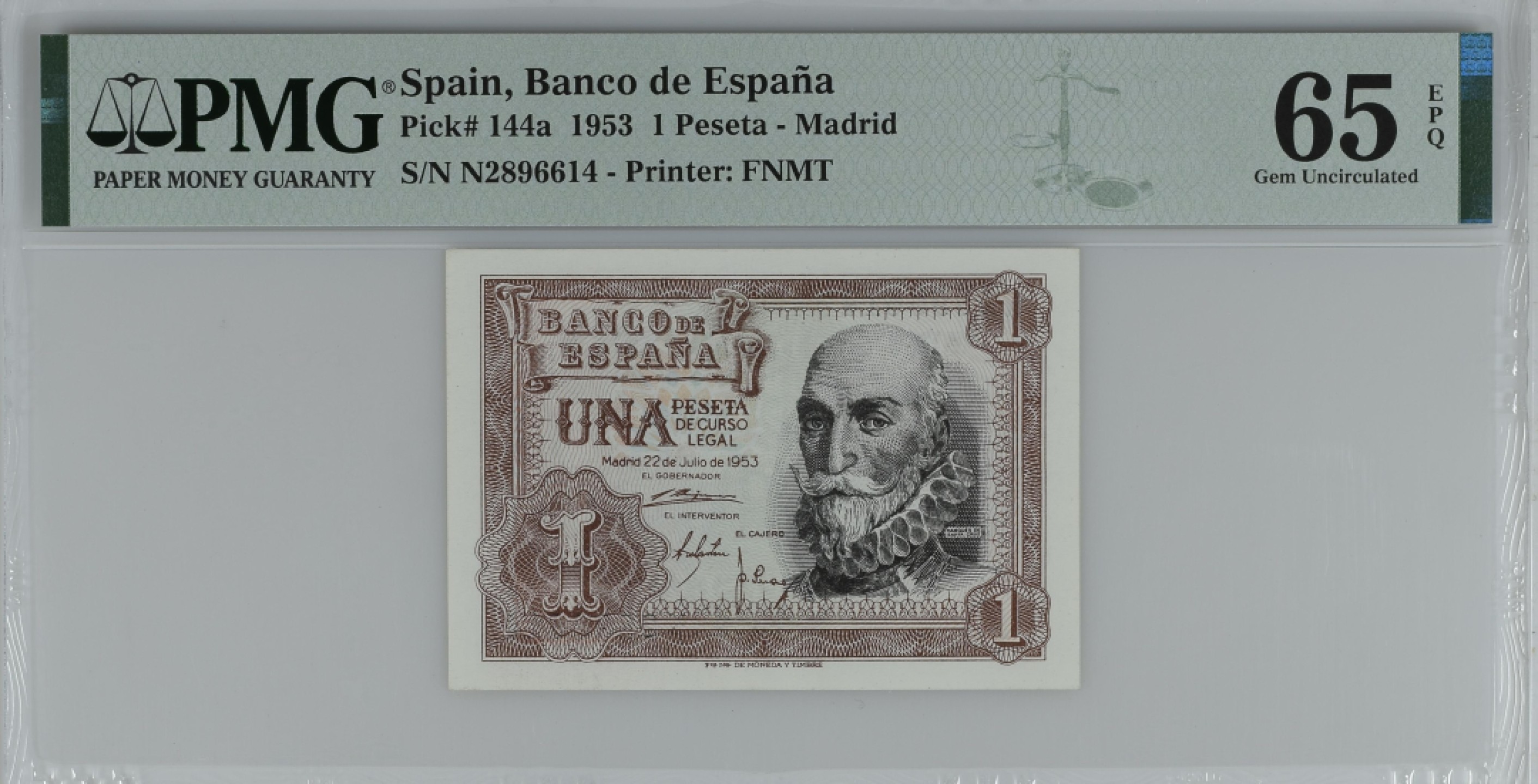 紫瑗钱币——第284期拍卖—纸币团购场 满10件包邮 【65 EPQ】西班牙 1953年  圣克鲁斯侯爵 阿尔瓦罗·德·巴赞 1比塞塔 PMG N2896614
