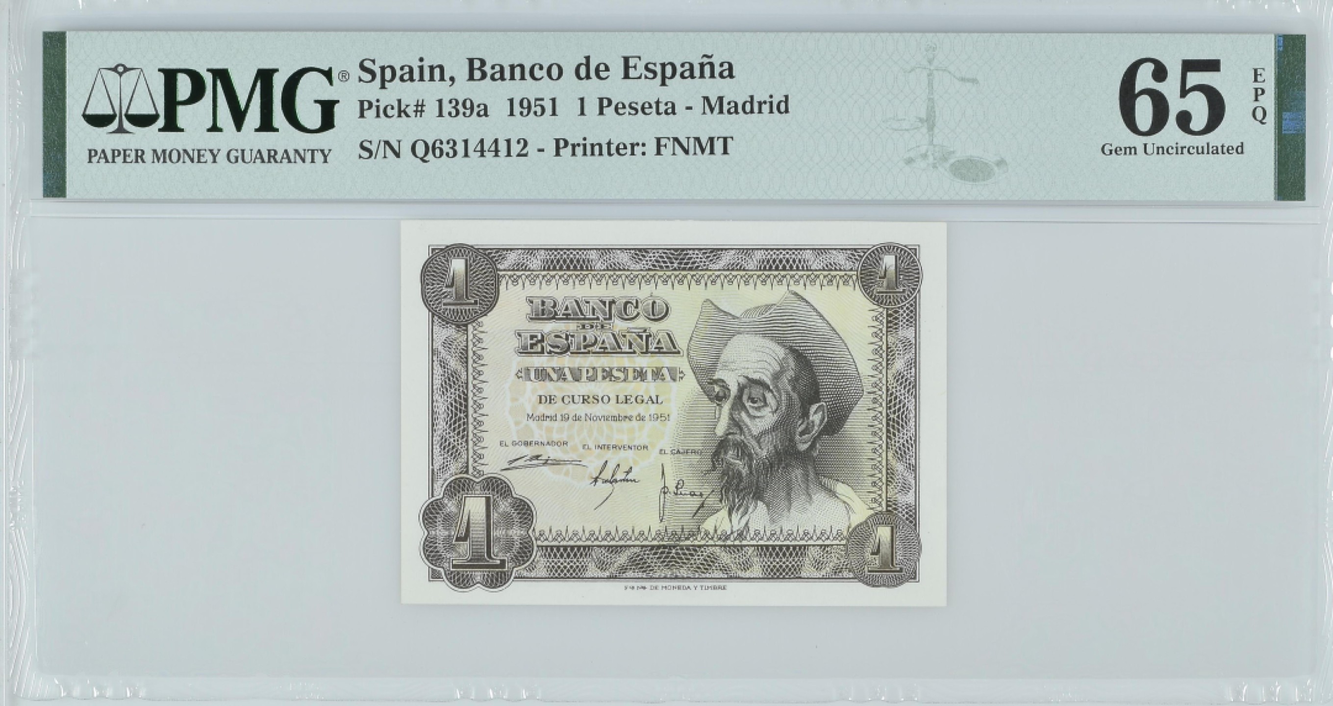 紫瑗钱币——第282期拍卖—纸币团购场（塞尔维亚 西班牙） 满10件包邮 【65 EPQ】西班牙 1951年 唐吉坷德 1比塞塔 PMG (p-139a) Q6314412
