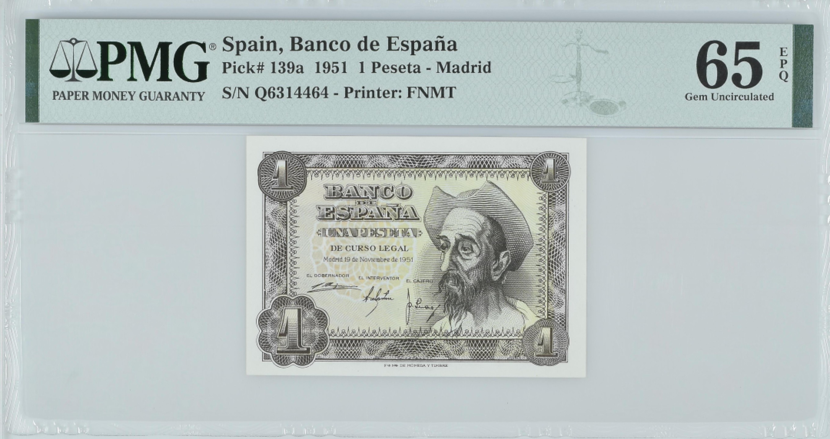 紫瑗钱币——第282期拍卖—纸币团购场（塞尔维亚 西班牙） 满10件包邮 【65 EPQ】西班牙 1951年 唐吉坷德 1比塞塔 PMG (p-139a) Q6314464