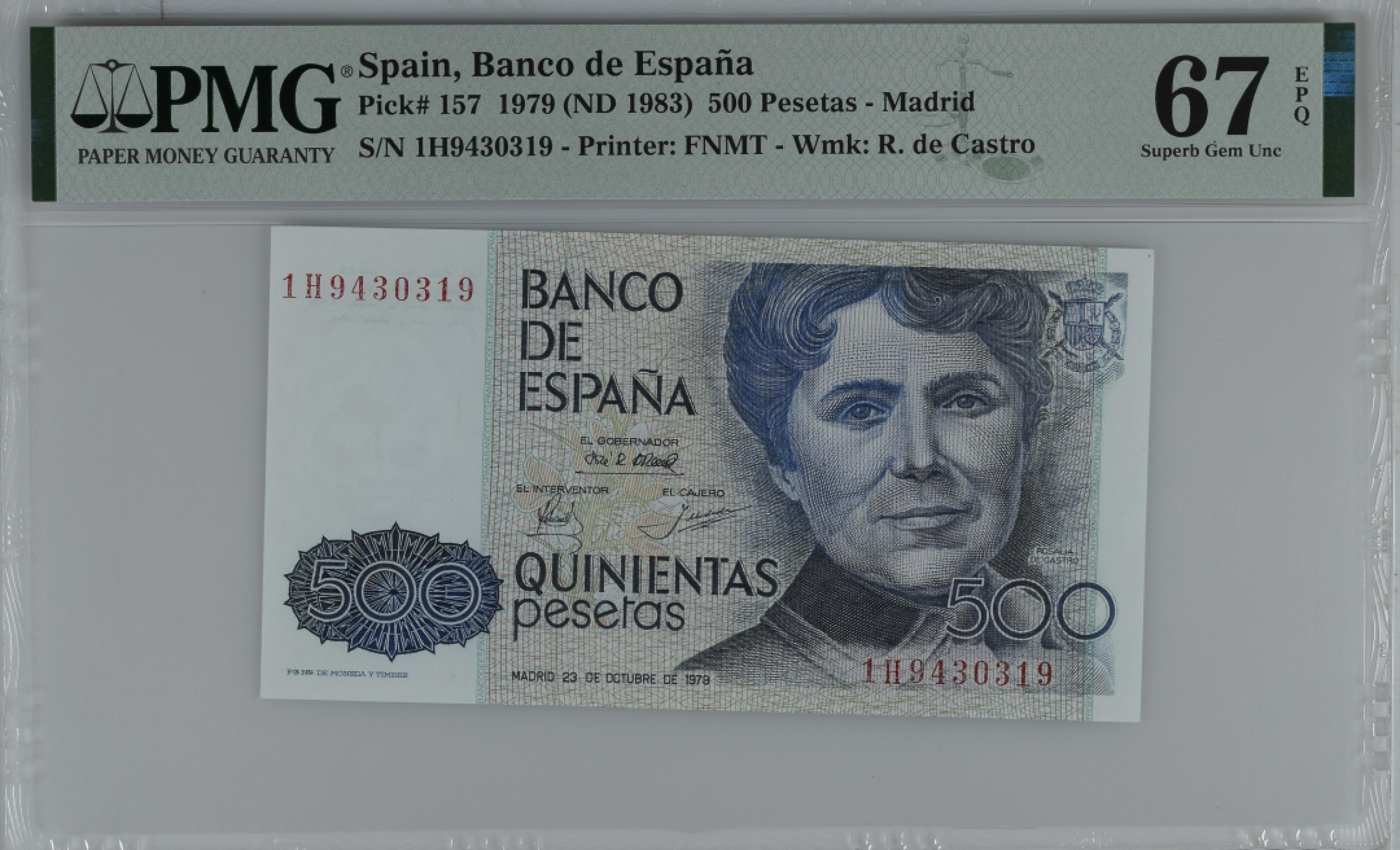 紫瑗钱币——第284期拍卖—纸币团购场 满10件包邮 【67 EPQ】西班牙 1979(1983)年 罗莎莉亚·德·卡斯特罗 500比塞塔 PMG 1H9430319