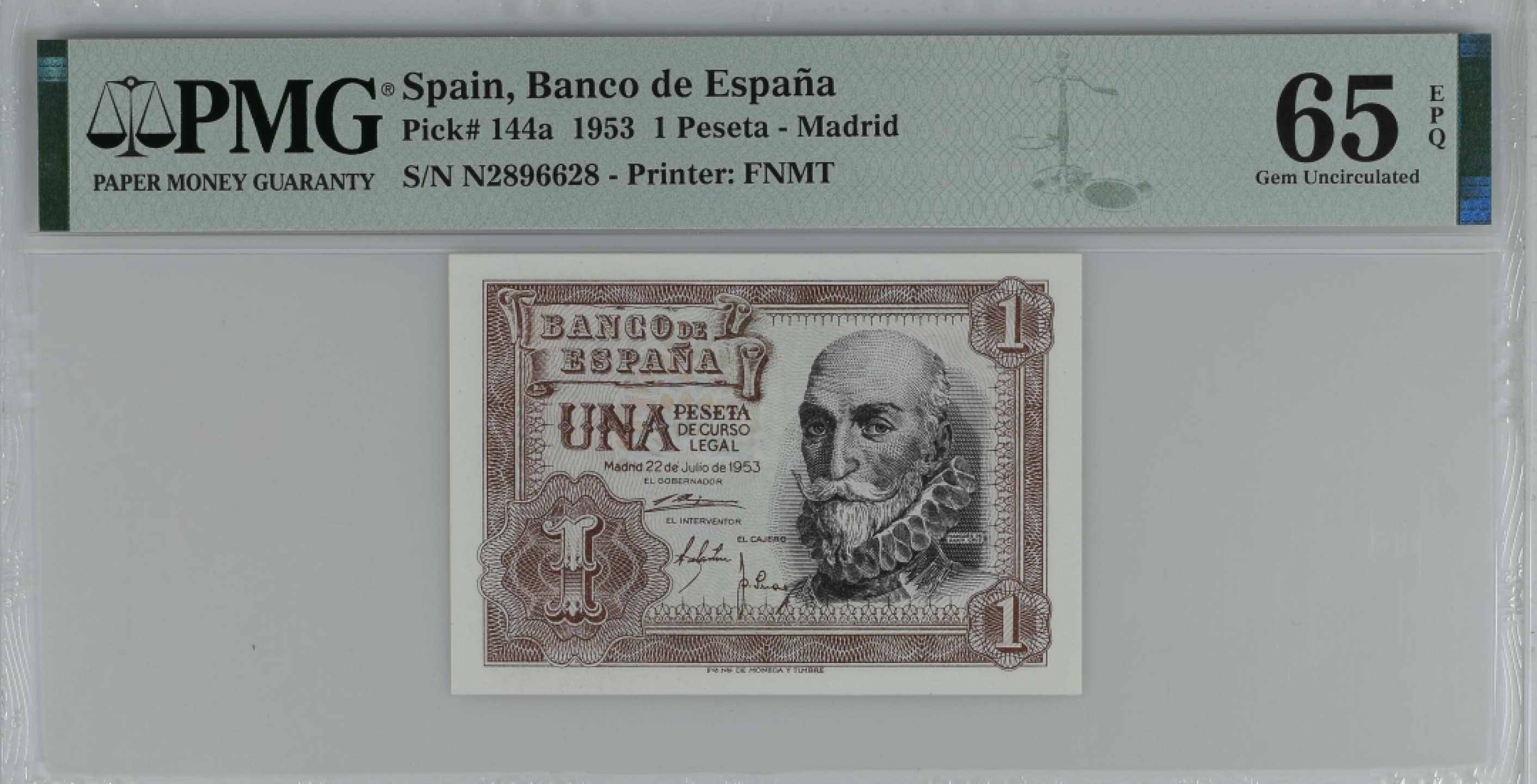 紫瑗钱币——第284期拍卖—纸币团购场 满10件包邮 【65 EPQ】西班牙 1953年  圣克鲁斯侯爵 阿尔瓦罗·德·巴赞 1比塞塔 PMG N2896629