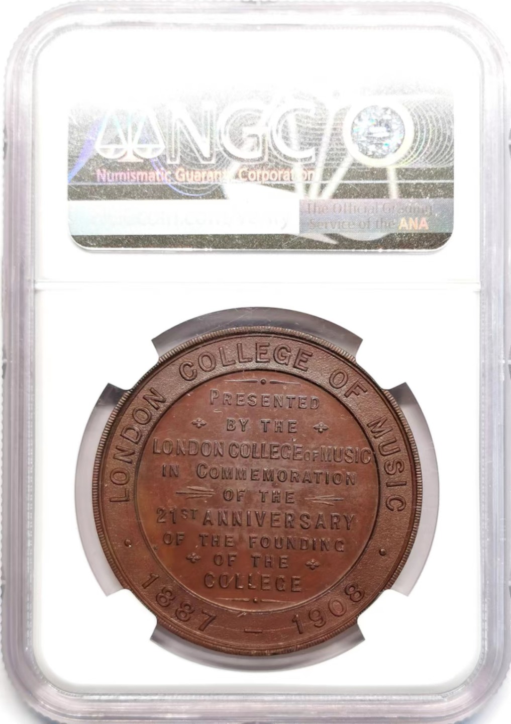 凡希社世界钱币微拍第二百四十二期 1908伦敦音乐学院纪念铜章NGC-MS66高分！