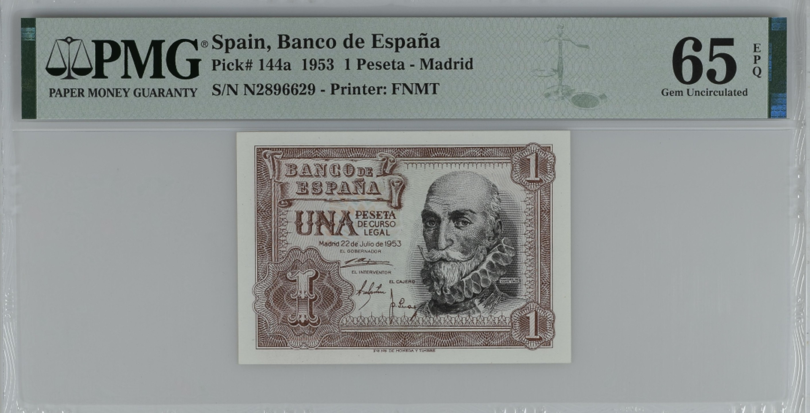 紫瑗钱币——第284期拍卖—纸币团购场 满10件包邮 【65 EPQ】西班牙 1953年  圣克鲁斯侯爵 阿尔瓦罗·德·巴赞 1比塞塔 PMG N2896630