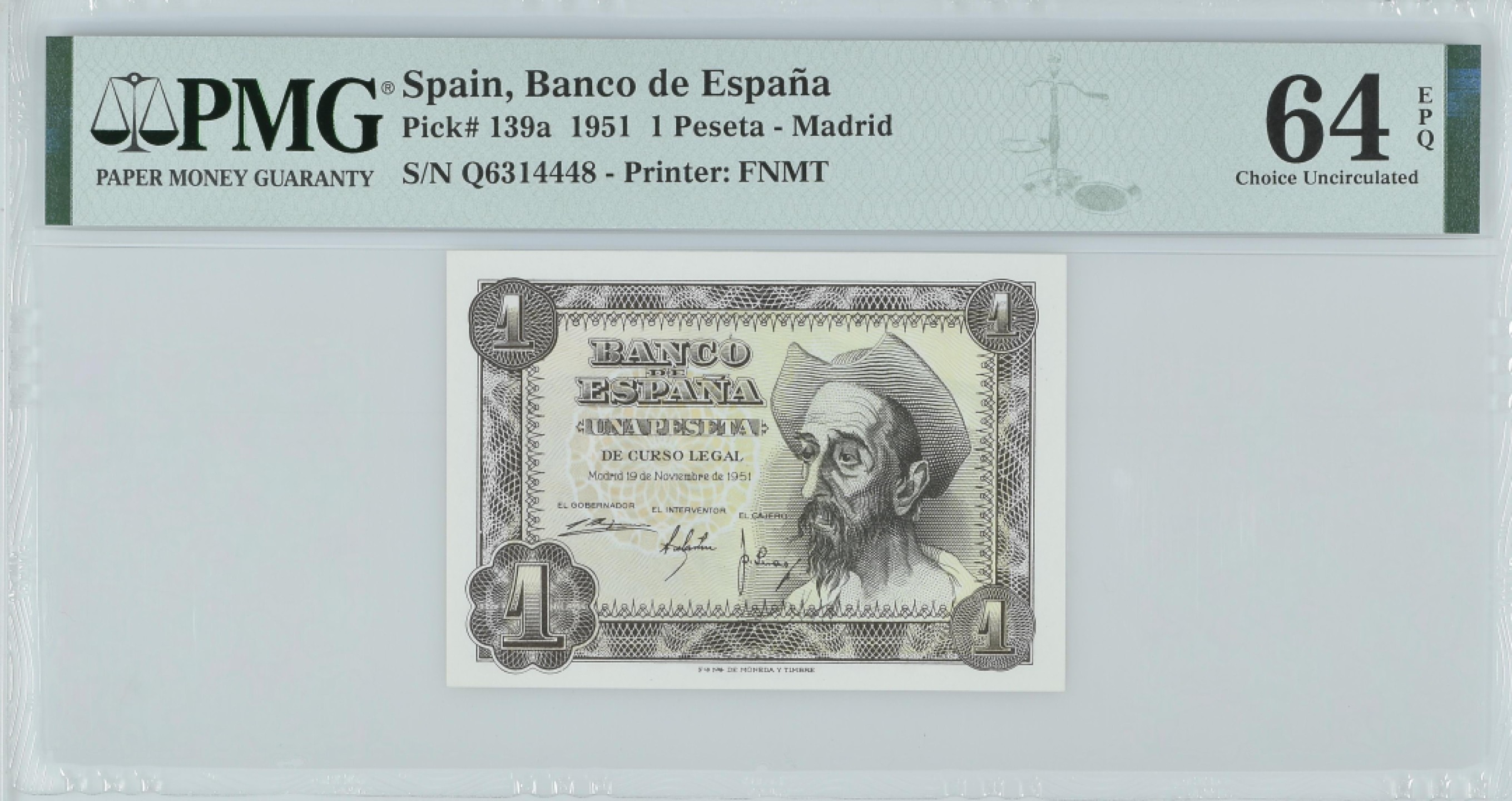 紫瑗钱币——第282期拍卖—纸币团购场（塞尔维亚 西班牙） 满10件包邮 【64 EPQ】西班牙 1951年 唐吉坷德 1比塞塔 PMG (p-139a) Q6314448