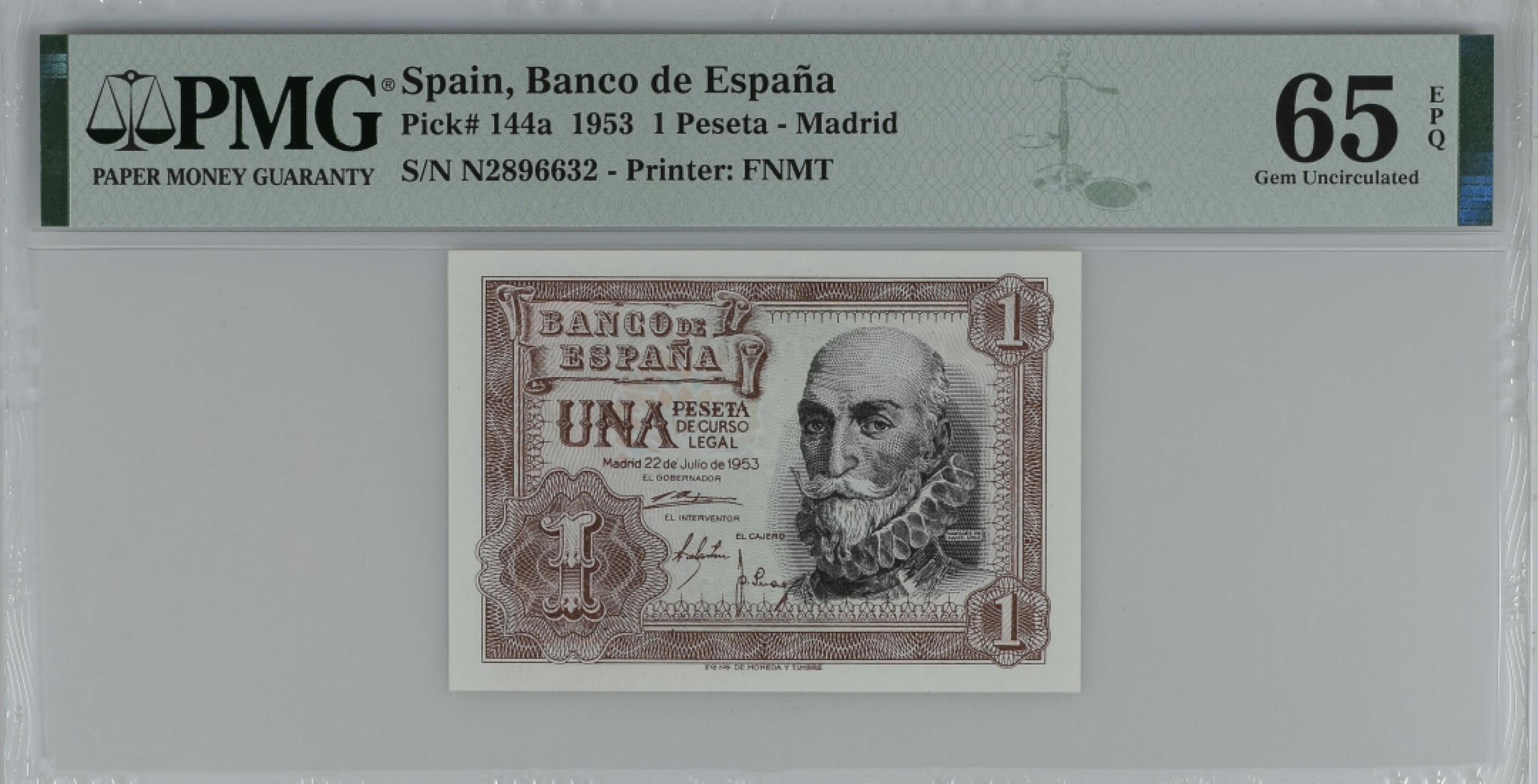 紫瑗钱币——第284期拍卖—纸币团购场 满10件包邮 【65 EPQ】西班牙 1953年  圣克鲁斯侯爵 阿尔瓦罗·德·巴赞 1比塞塔 PMG N2896632