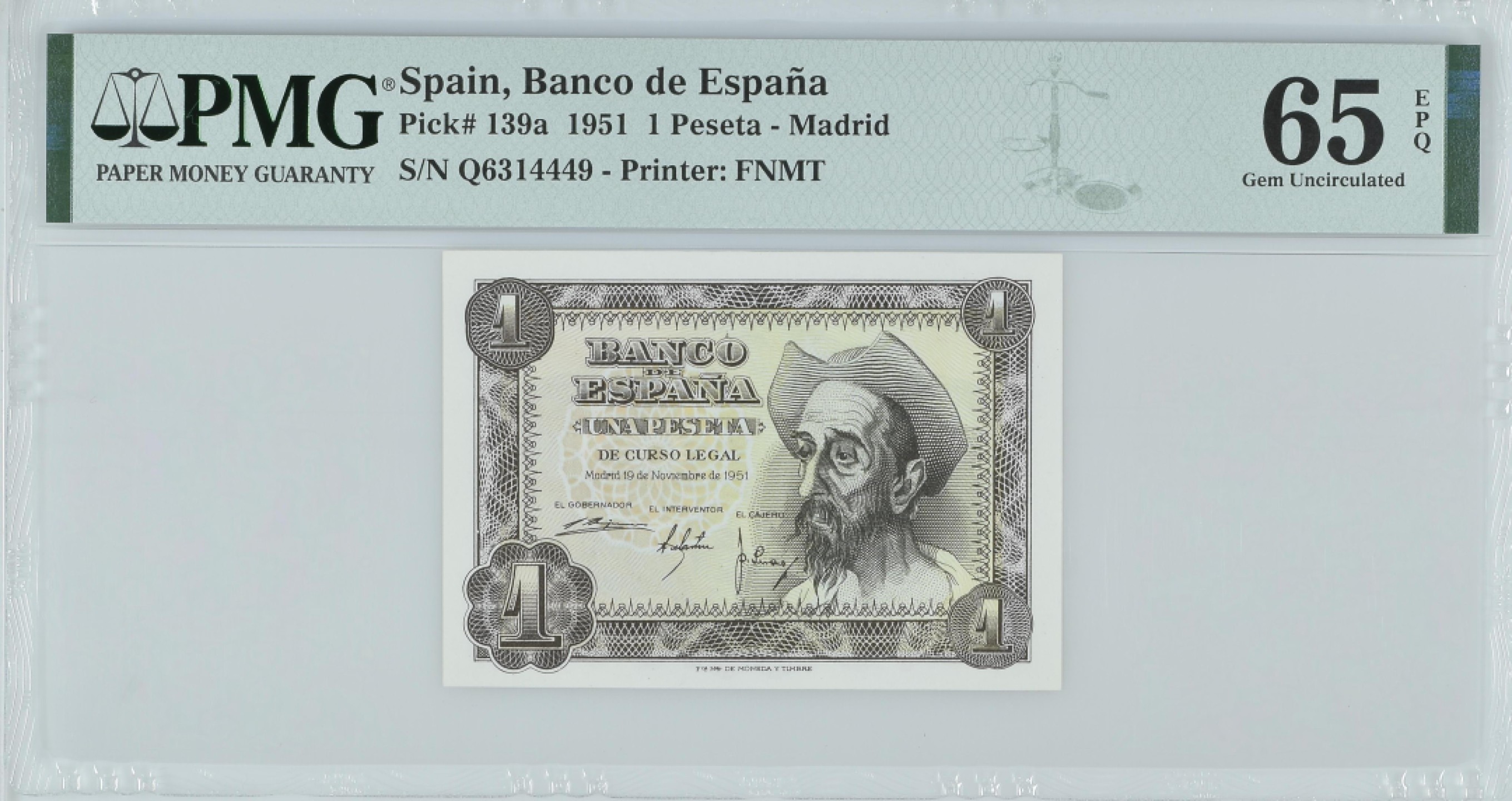 紫瑗钱币——第282期拍卖—纸币团购场（塞尔维亚 西班牙） 满10件包邮 【65 EPQ】西班牙 1951年 唐吉坷德 1比塞塔 PMG (p-139a) Q6314449
