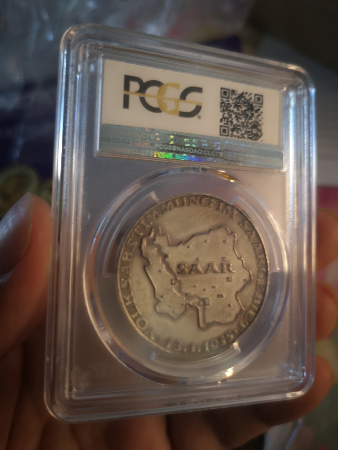 长老汇精品老银币系列 1935吞并萨尔区纪念银章，PCGS SP63