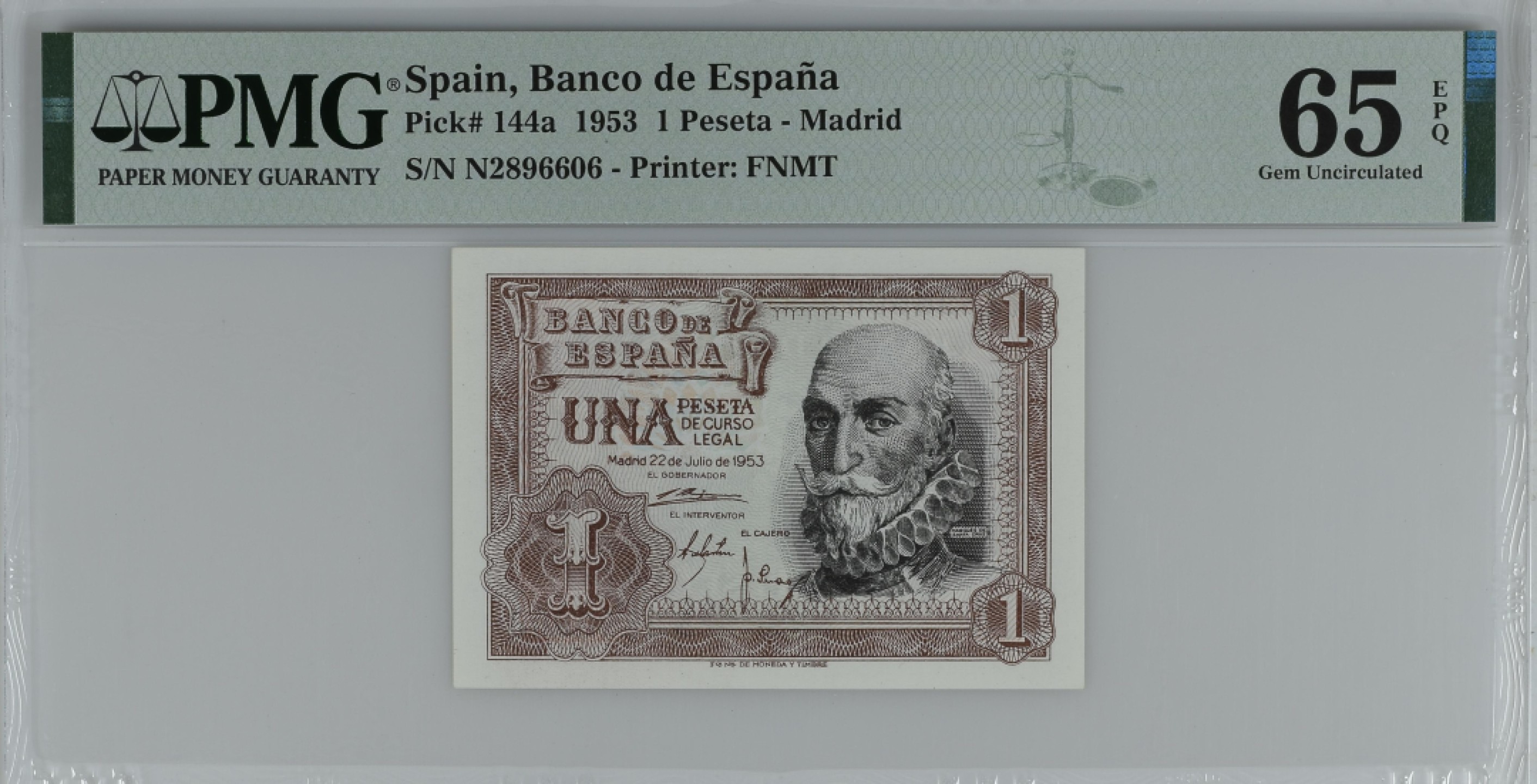 紫瑗钱币——第284期拍卖—纸币团购场 满10件包邮 【65 EPQ】西班牙 1953年  圣克鲁斯侯爵 阿尔瓦罗·德·巴赞 1比塞塔 PMG N2896606