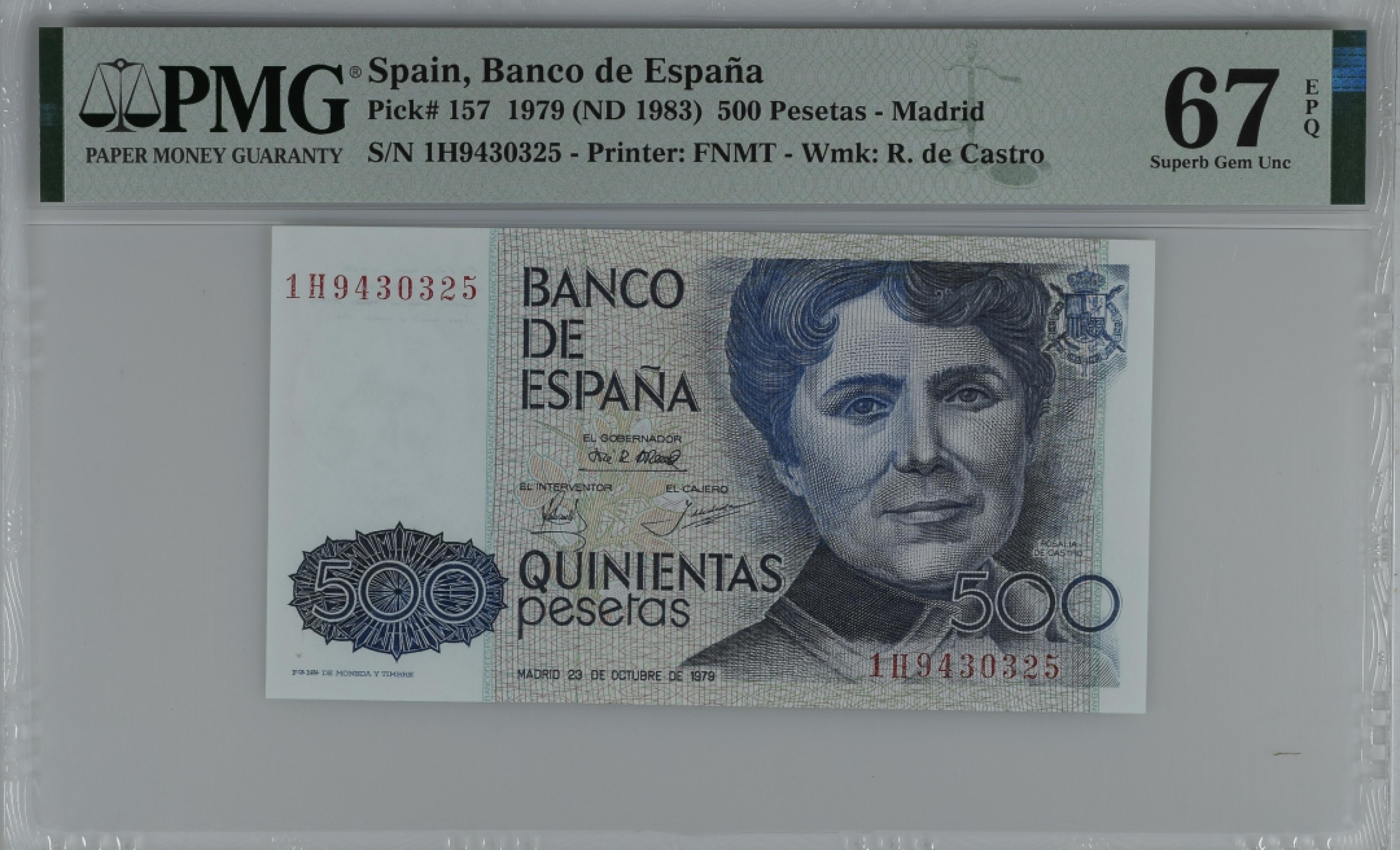 紫瑗钱币——第284期拍卖—纸币团购场 满10件包邮 【67 EPQ】西班牙 1979(1983)年 罗莎莉亚·德·卡斯特罗 500比塞塔 PMG 1H9430325
