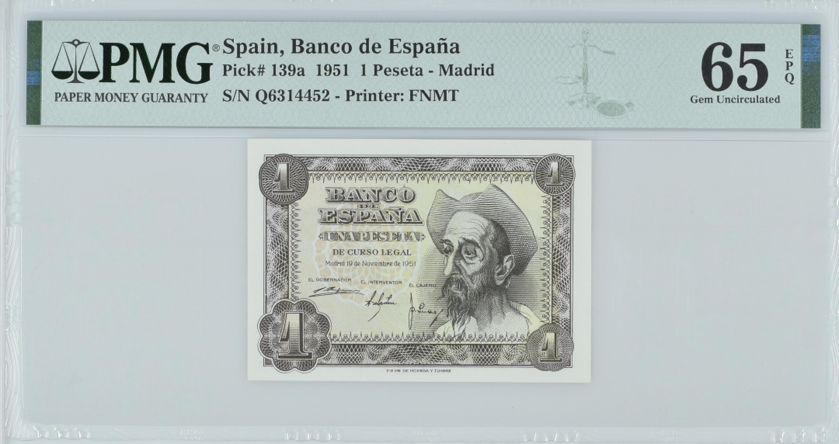 紫瑗钱币——第282期拍卖—纸币团购场（塞尔维亚 西班牙） 满10件包邮 【65 EPQ】西班牙 1951年 唐吉坷德 1比塞塔 PMG (p-139a) Q6314452