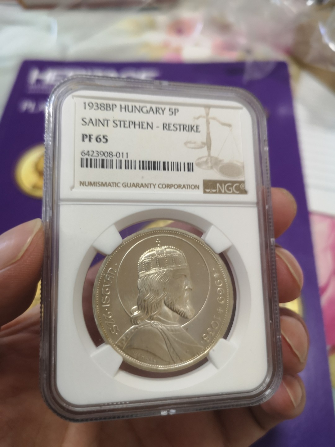长老汇精品老银币系列 匈牙利1938圣斯蒂芬5潘果精制大银币，NGC PF65，后铸