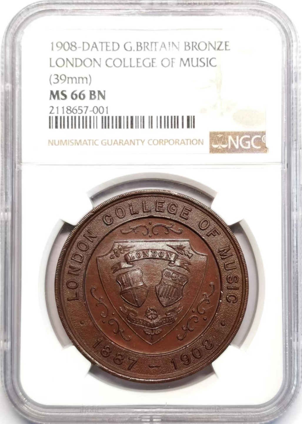 凡希社世界钱币微拍第二百四十二期 1908伦敦音乐学院纪念铜章NGC-MS66高分！