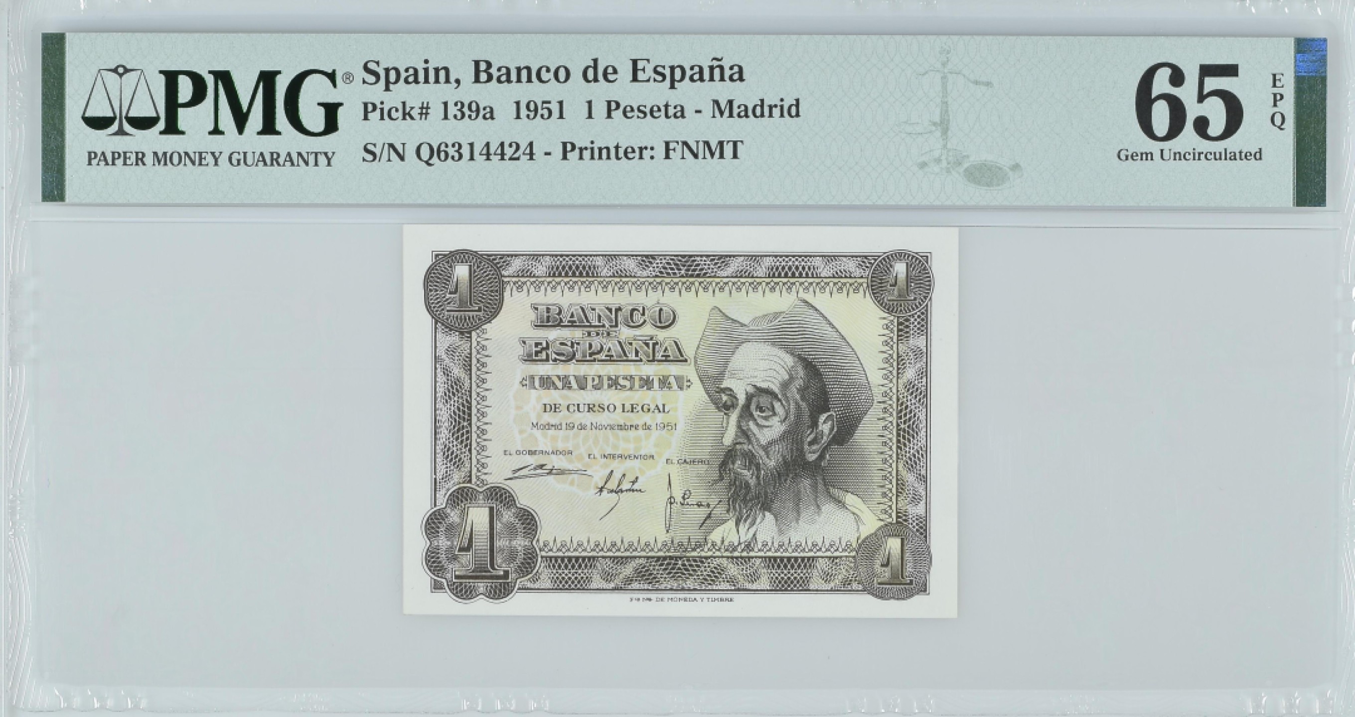 紫瑗钱币——第282期拍卖—纸币团购场（塞尔维亚 西班牙） 满10件包邮 【65 EPQ】西班牙 1951年 唐吉坷德 1比塞塔 PMG (p-139a) Q6314424