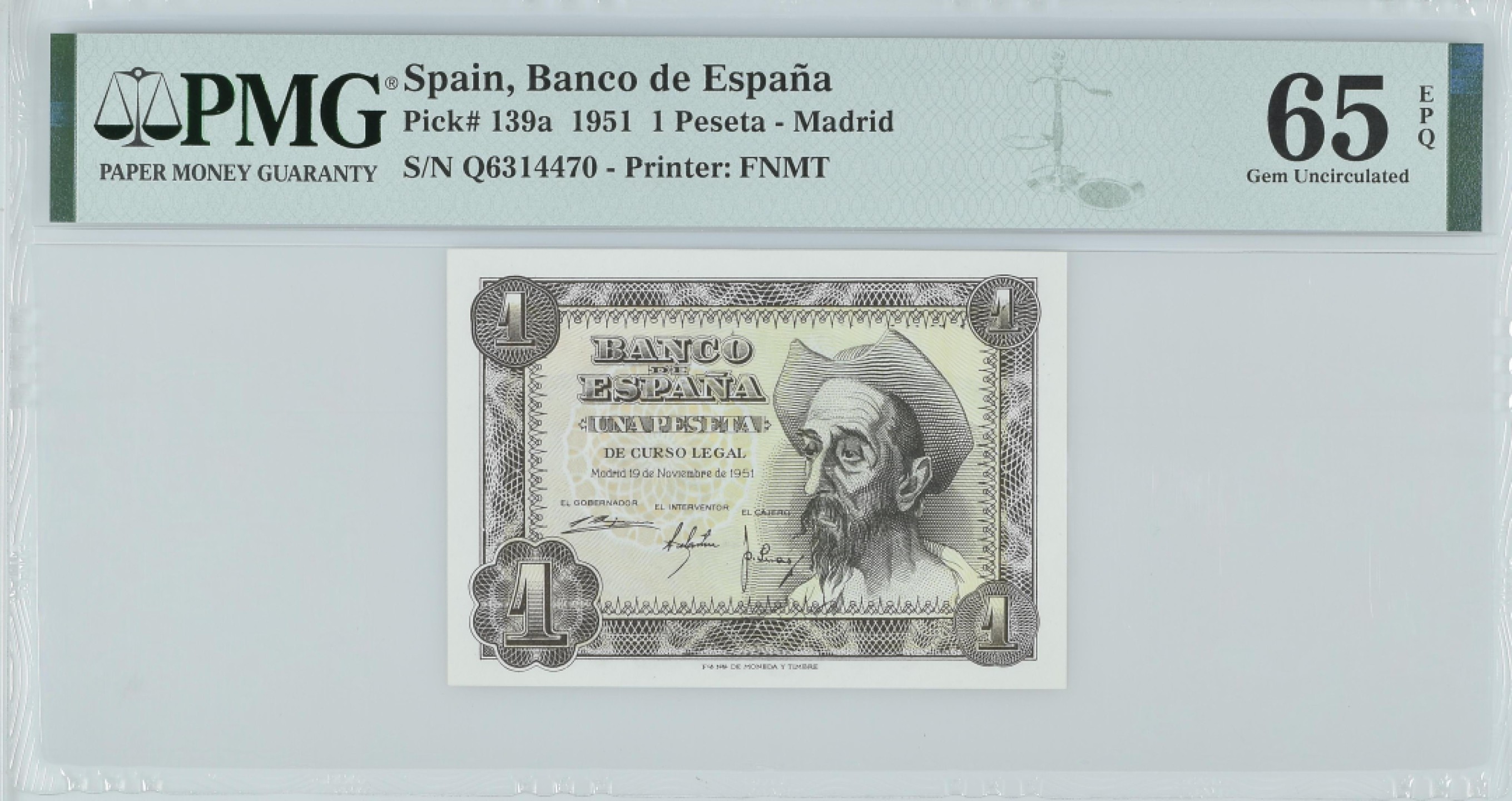 紫瑗钱币——第282期拍卖—纸币团购场（塞尔维亚 西班牙） 满10件包邮 【65 EPQ】西班牙 1951年 唐吉坷德 1比塞塔 PMG (p-139a) Q6314470