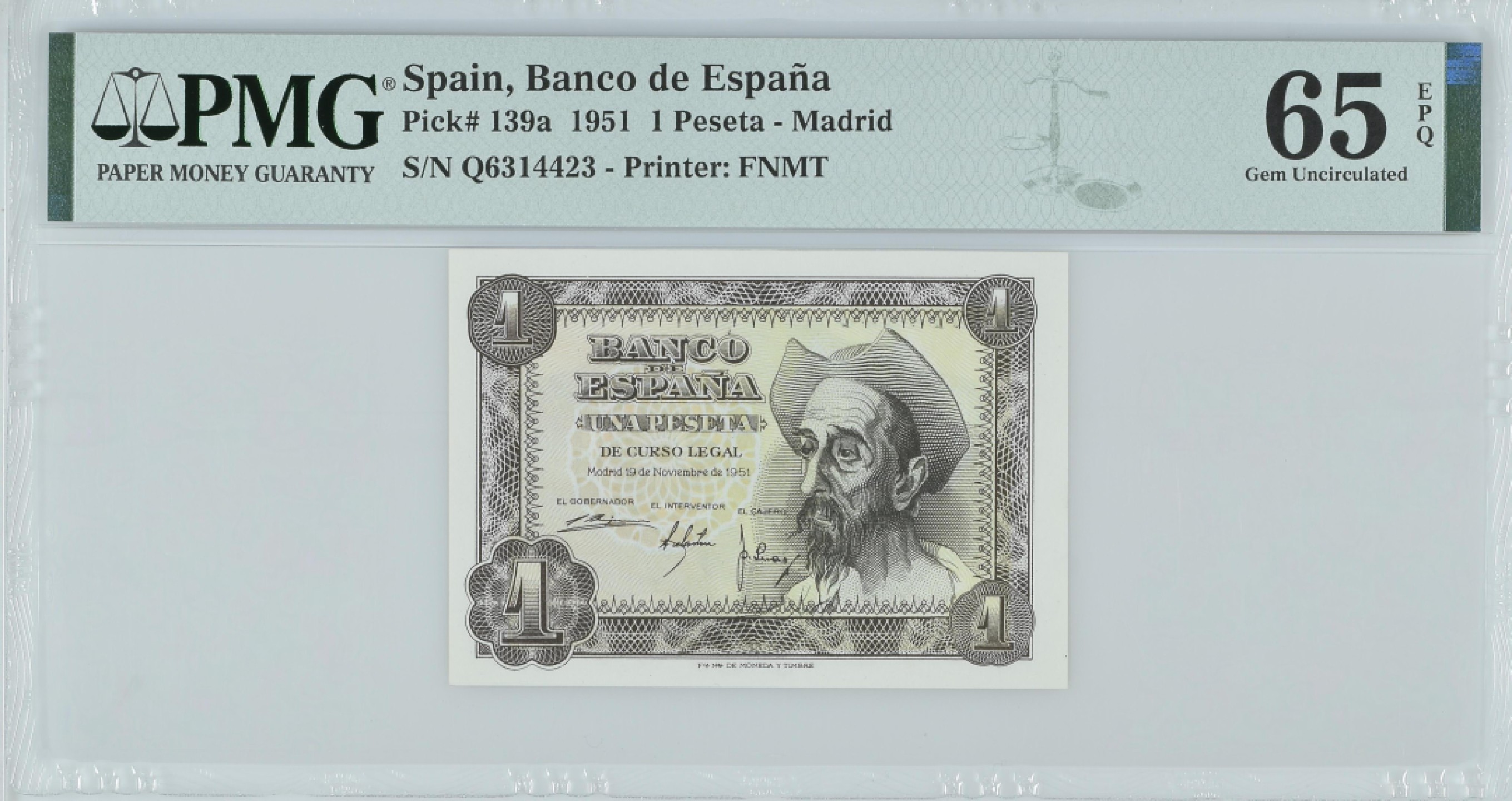 紫瑗钱币——第282期拍卖—纸币团购场（塞尔维亚 西班牙） 满10件包邮 【65 EPQ】西班牙 1951年 唐吉坷德 1比塞塔 PMG (p-139a) Q6314423