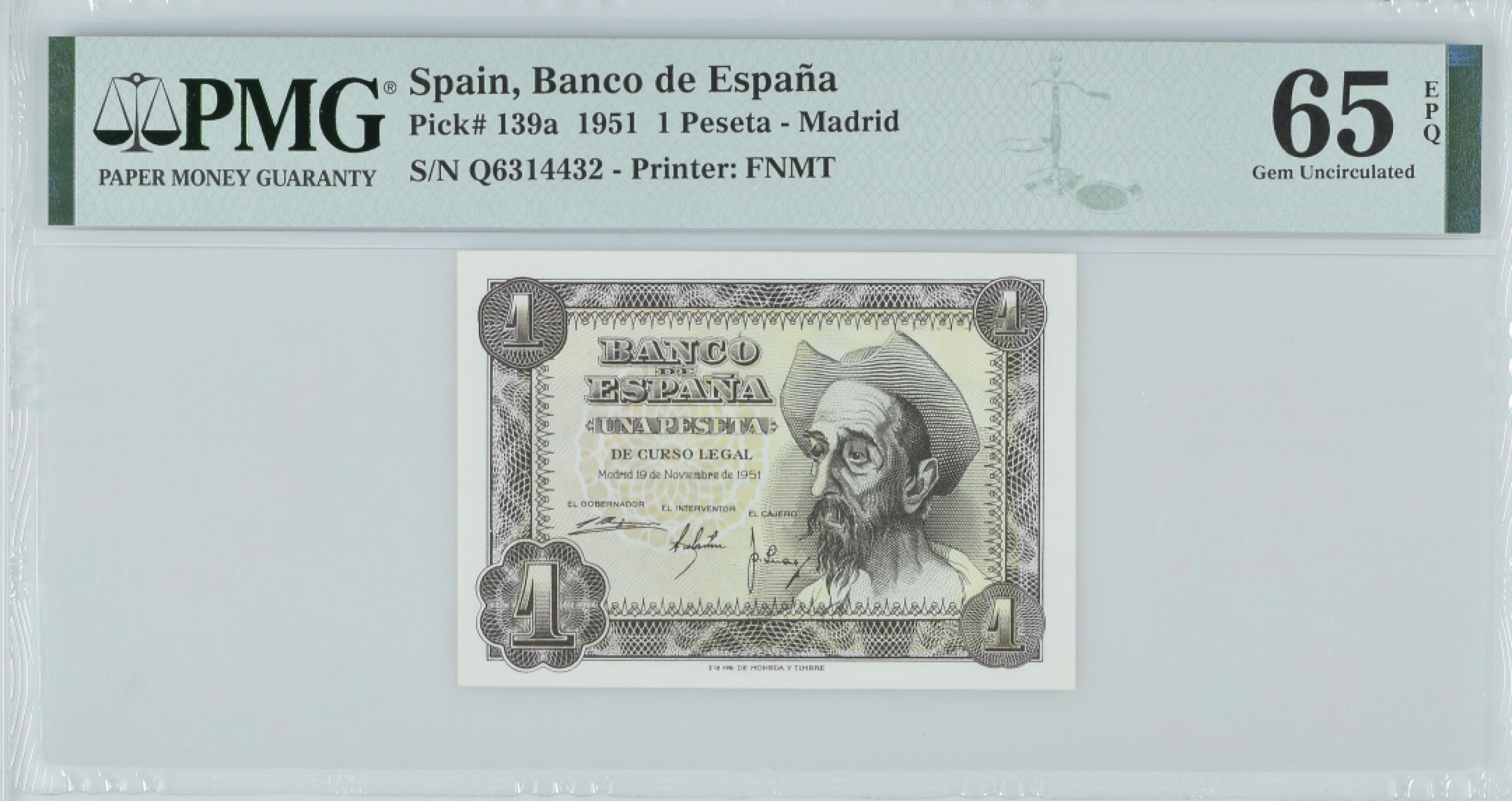 紫瑗钱币——第282期拍卖—纸币团购场（塞尔维亚 西班牙） 满10件包邮 【65 EPQ】西班牙 1951年 唐吉坷德 1比塞塔 PMG (p-139a) Q6314432