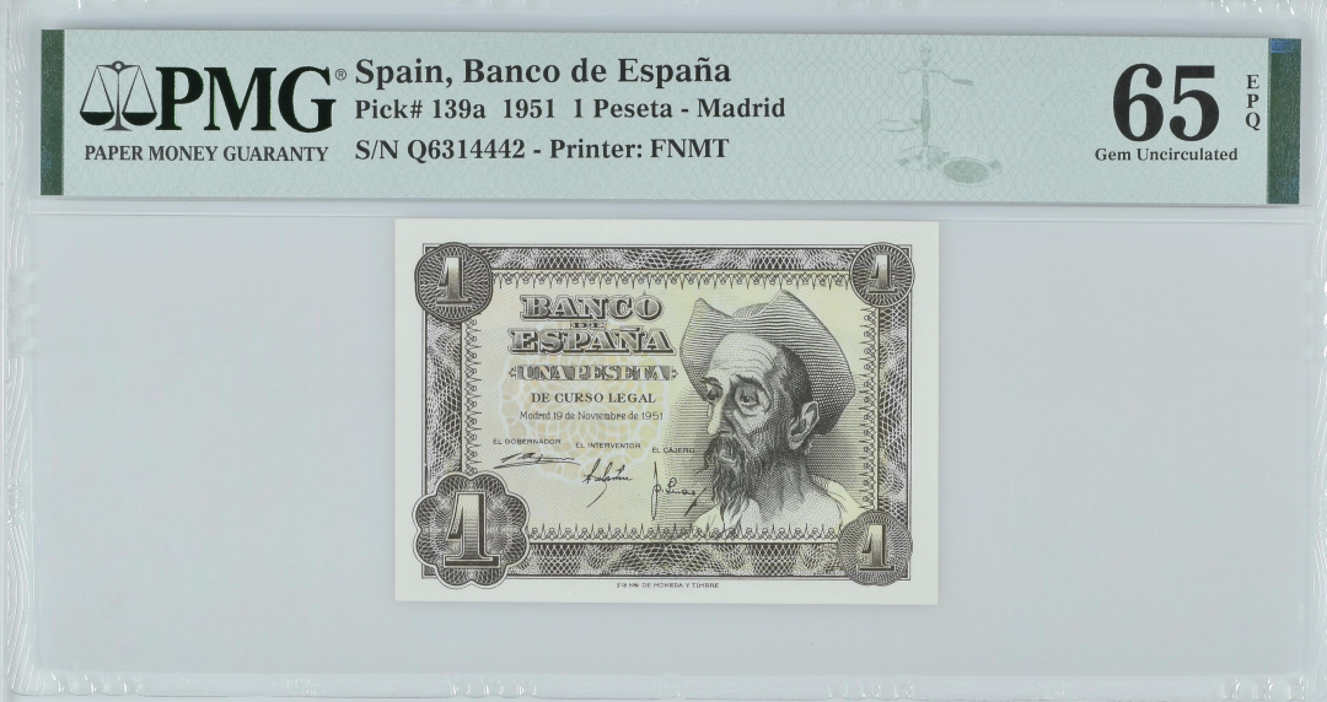 紫瑗钱币——第282期拍卖—纸币团购场（塞尔维亚 西班牙） 满10件包邮 【65 EPQ】西班牙 1951年 唐吉坷德 1比塞塔 PMG (p-139a) Q6314442