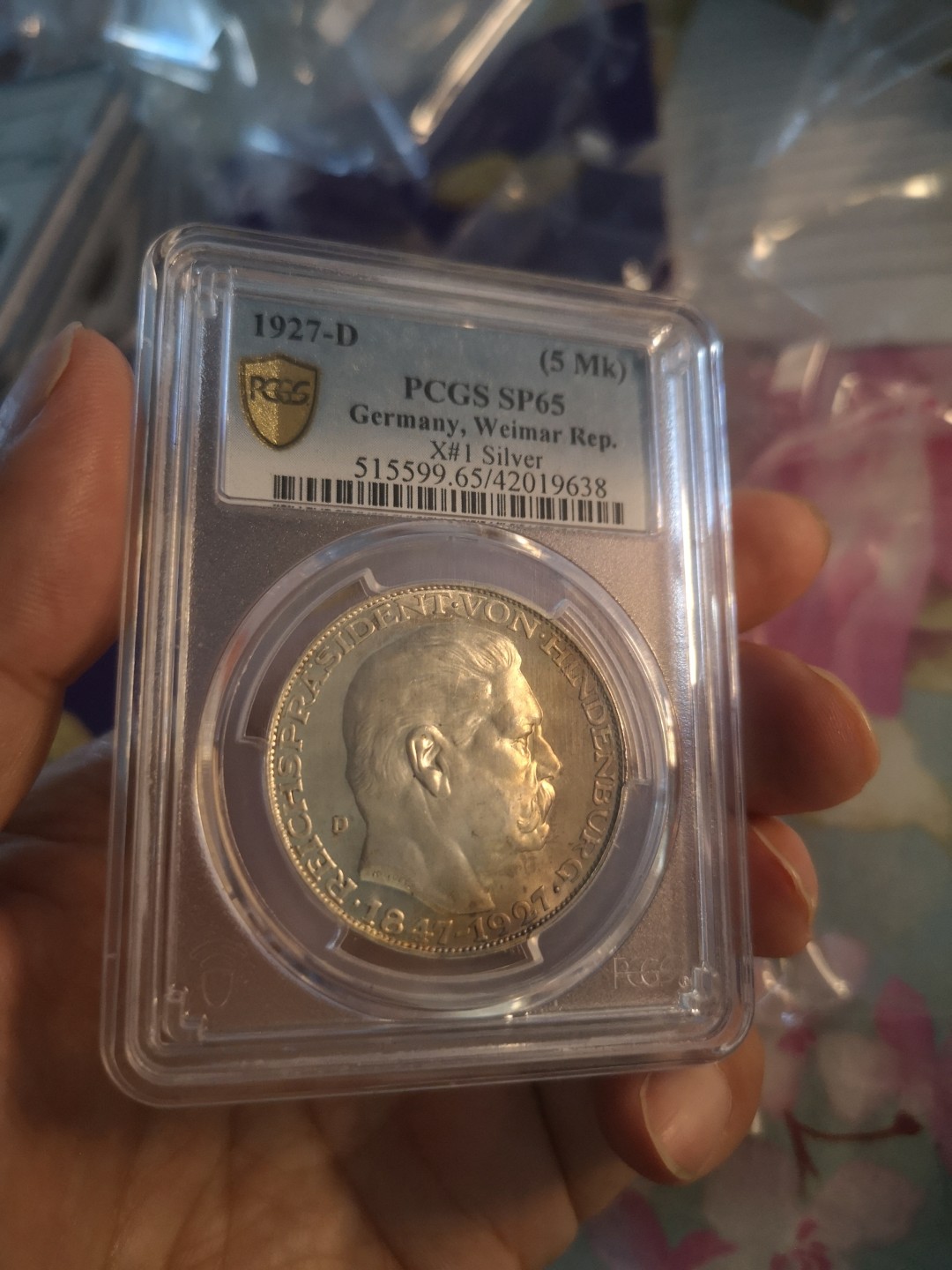 长老汇精品老银币系列 德国1927兴登堡80大寿5马克大银章，卡尔哥茨作品，PCGS SP65