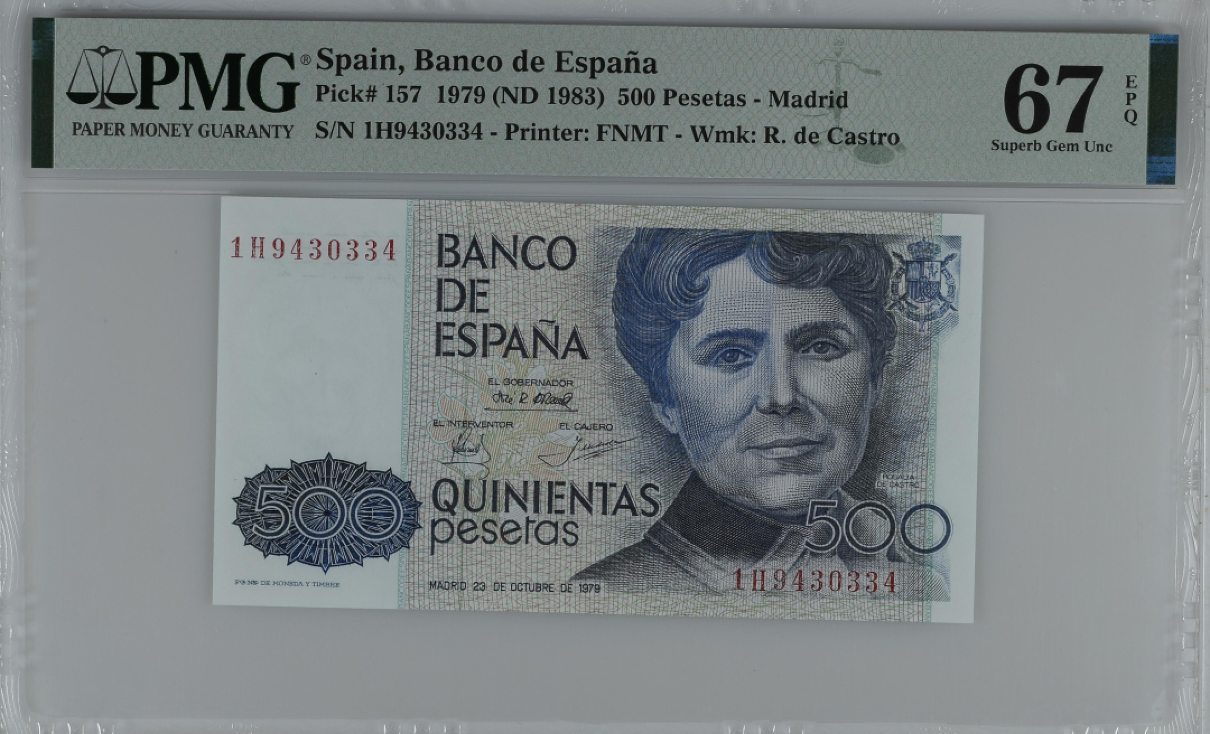 紫瑗钱币——第284期拍卖—纸币团购场 满10件包邮 【67 EPQ】西班牙 1979(1983)年 罗莎莉亚·德·卡斯特罗 500比塞塔 PMG 1H9430334
