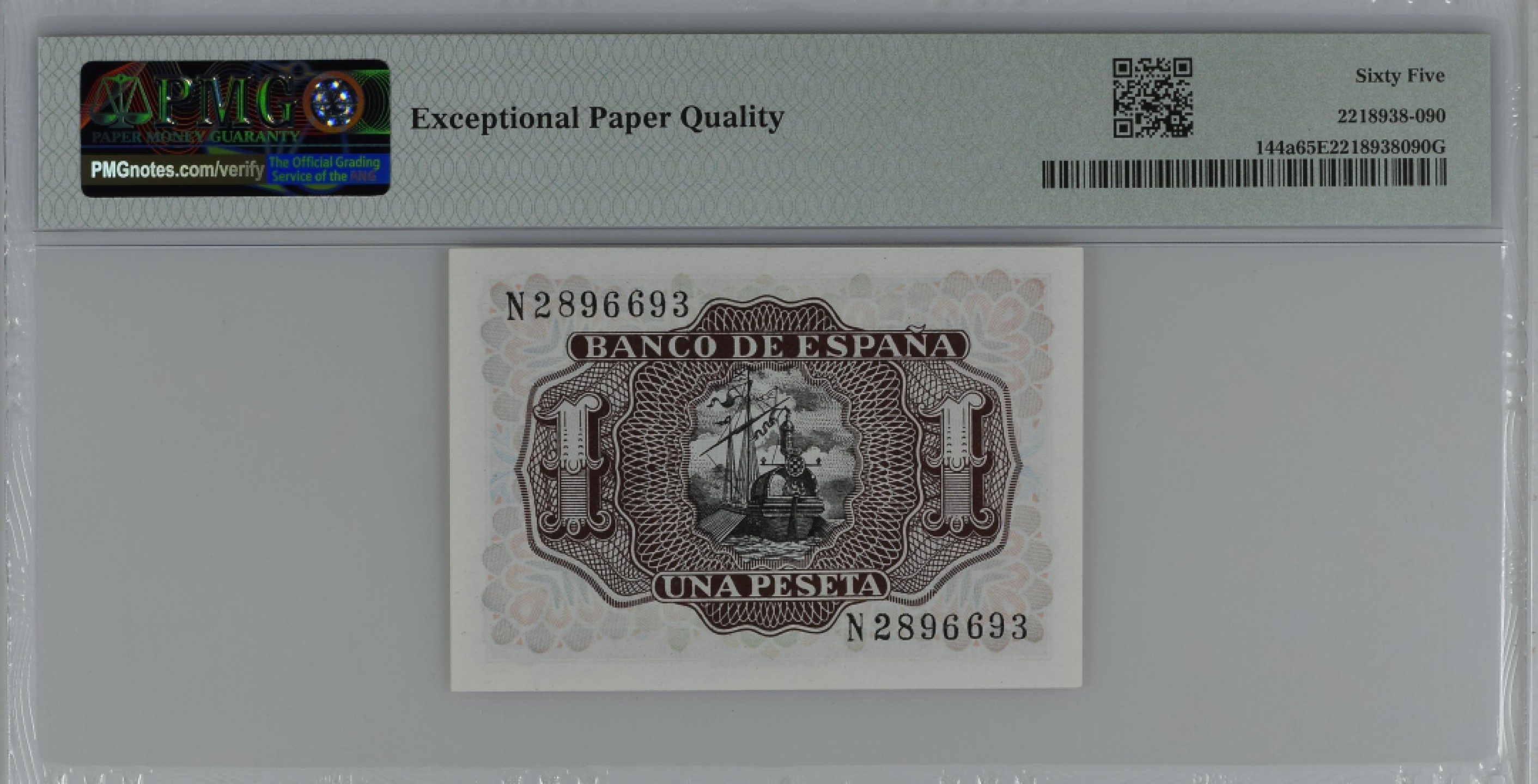紫瑗钱币——第284期拍卖—纸币团购场 满10件包邮 【65 EPQ】西班牙 1953年  圣克鲁斯侯爵 阿尔瓦罗·德·巴赞 1比塞塔 PMG N2896693