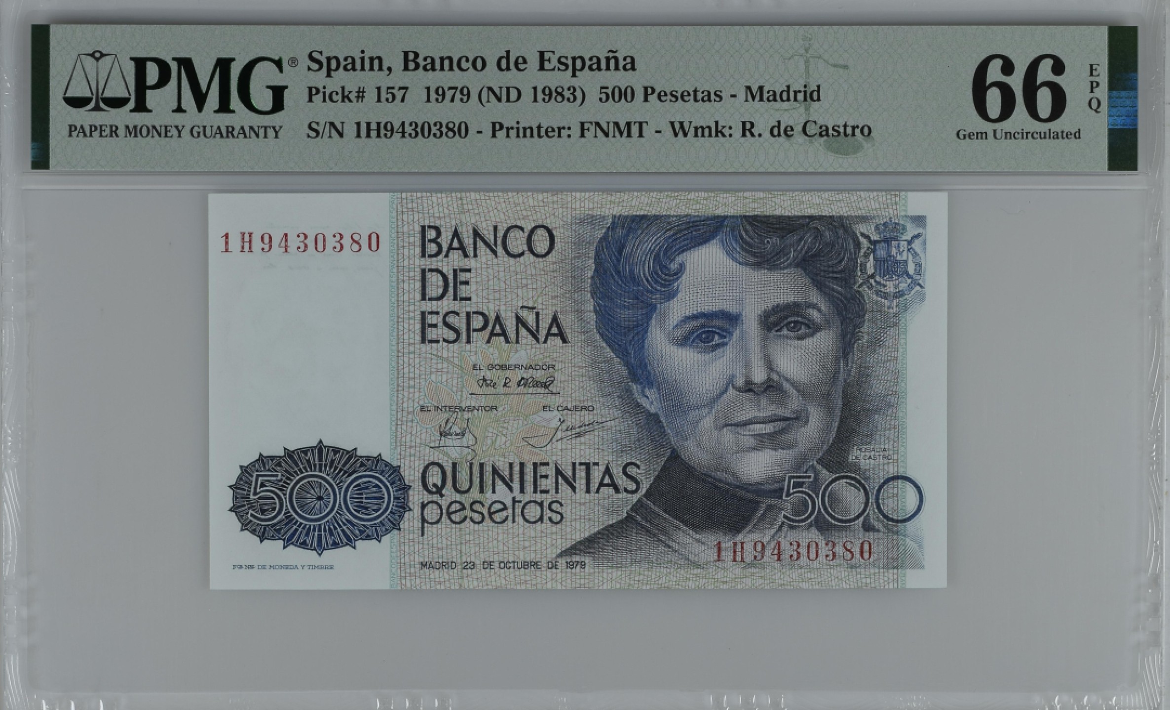 紫瑗钱币——第284期拍卖—纸币团购场 满10件包邮 【66 EPQ】西班牙 1979(1983)年 罗莎莉亚·德·卡斯特罗 500比塞塔 PMG 1H9430380