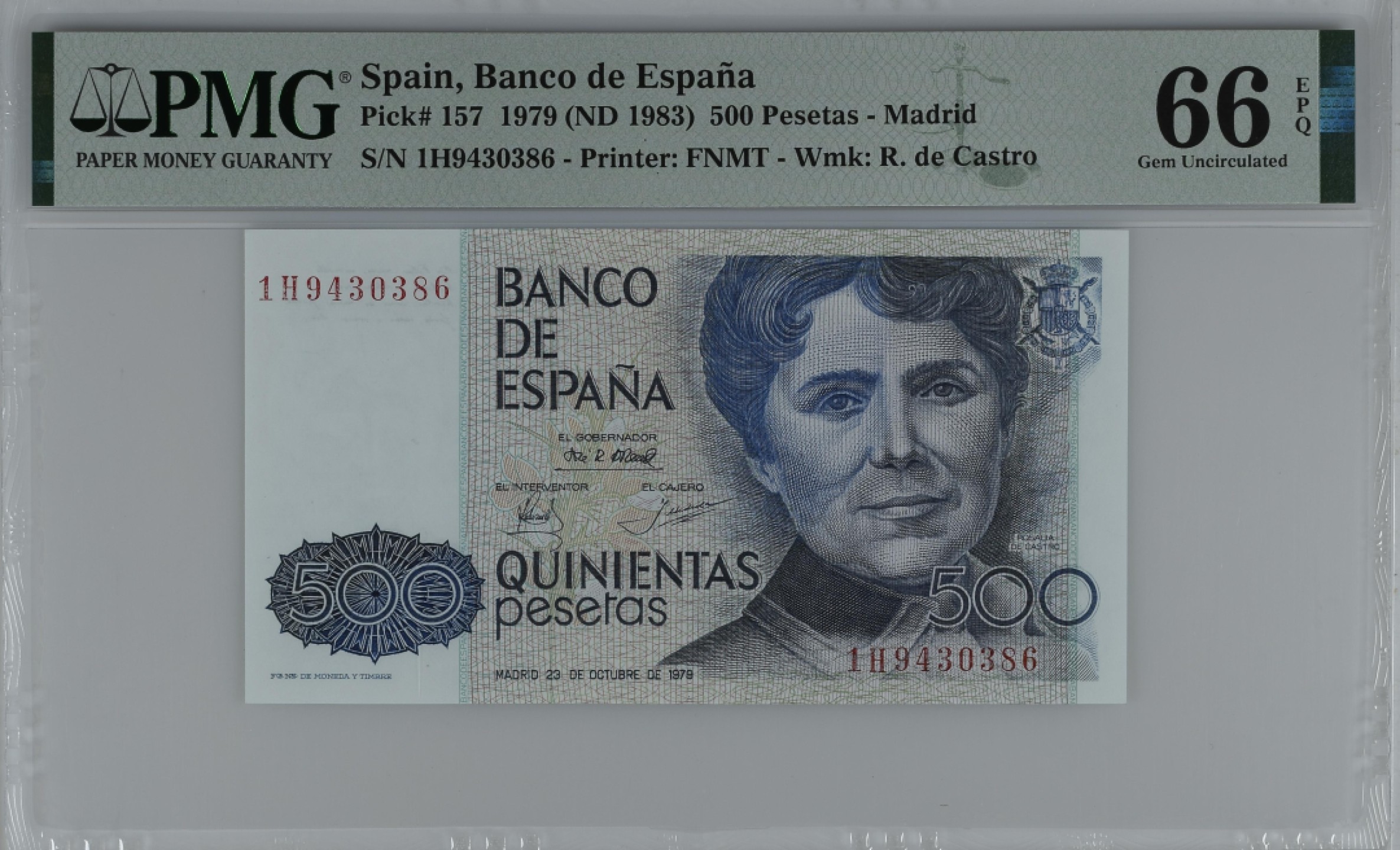 紫瑗钱币——第284期拍卖—纸币团购场 满10件包邮 【66 EPQ】西班牙 1979(1983)年 罗莎莉亚·德·卡斯特罗 500比塞塔 PMG 1H9430386