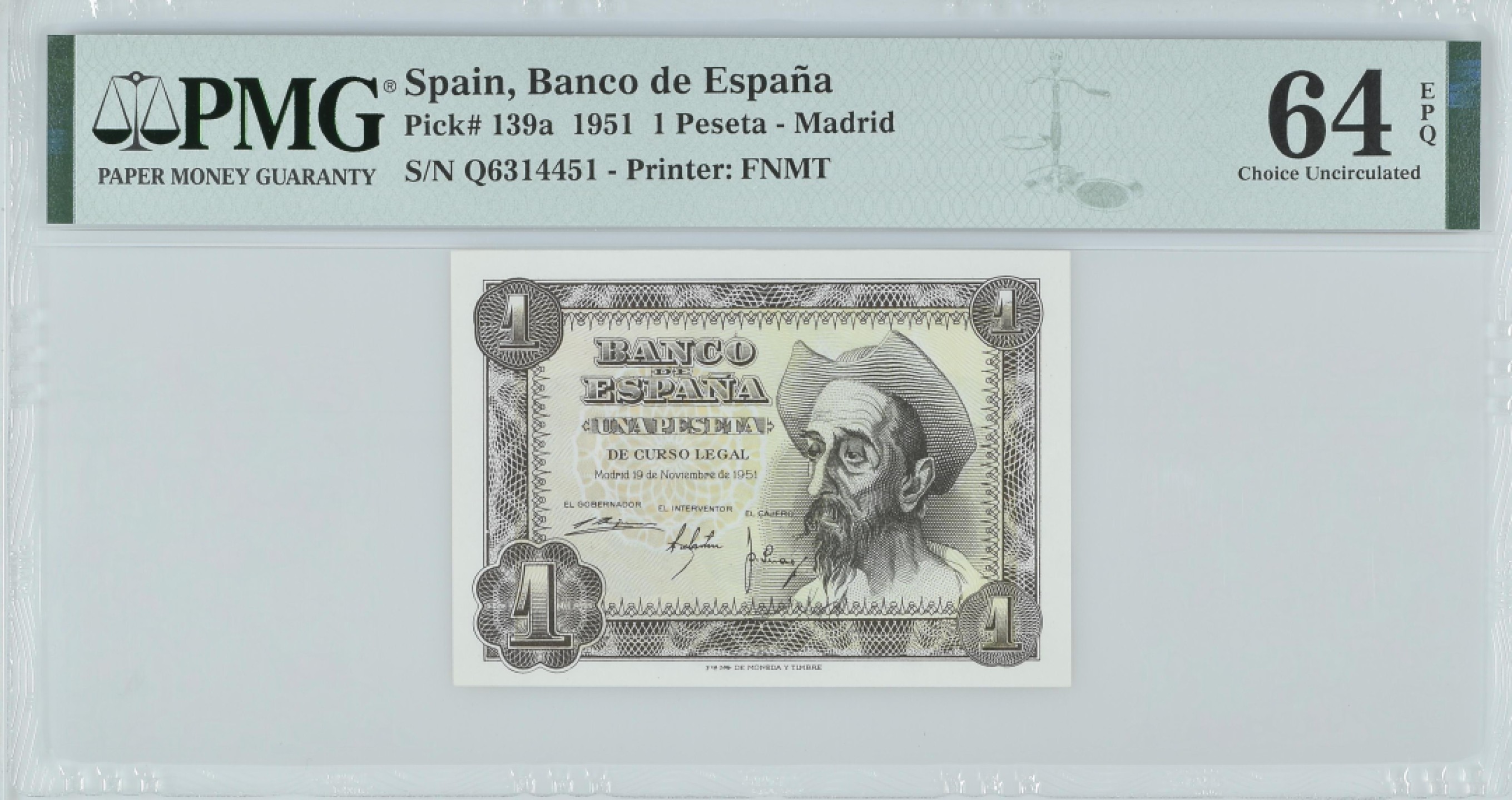 紫瑗钱币——第282期拍卖—纸币团购场（塞尔维亚 西班牙） 满10件包邮 【64 EPQ】西班牙 1951年 唐吉坷德 1比塞塔 PMG (p-139a) Q6314451