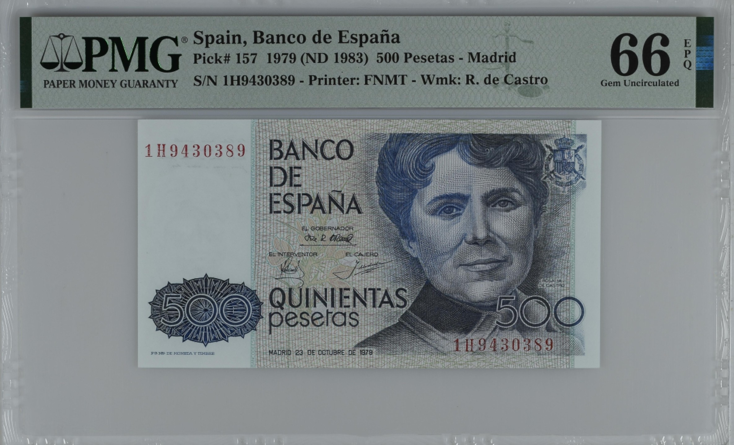 紫瑗钱币——第284期拍卖—纸币团购场 满10件包邮 【66 EPQ】西班牙 1979(1983)年 罗莎莉亚·德·卡斯特罗 500比塞塔 PMG 1H9430389