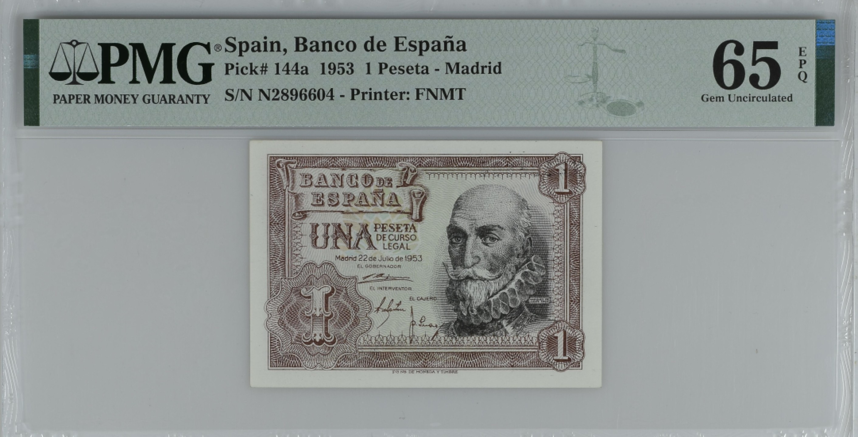 紫瑗钱币——第284期拍卖—纸币团购场 满10件包邮 【65 EPQ】西班牙 1953年  圣克鲁斯侯爵 阿尔瓦罗·德·巴赞 1比塞塔 PMG N2896604