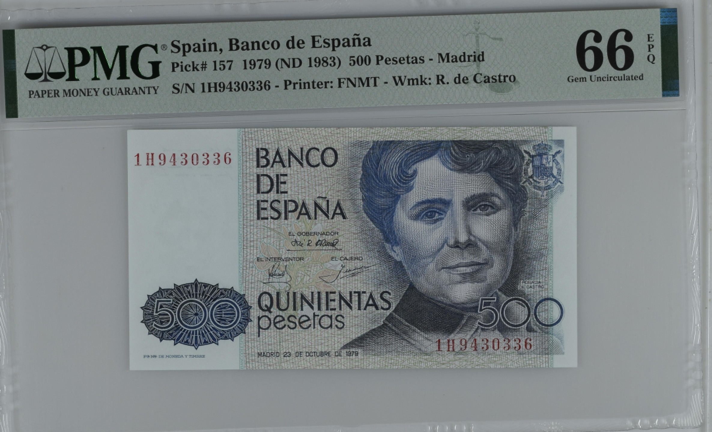 紫瑗钱币——第284期拍卖—纸币团购场 满10件包邮 【66 EPQ】西班牙 1979(1983)年 罗莎莉亚·德·卡斯特罗 500比塞塔 PMG 1H9430336