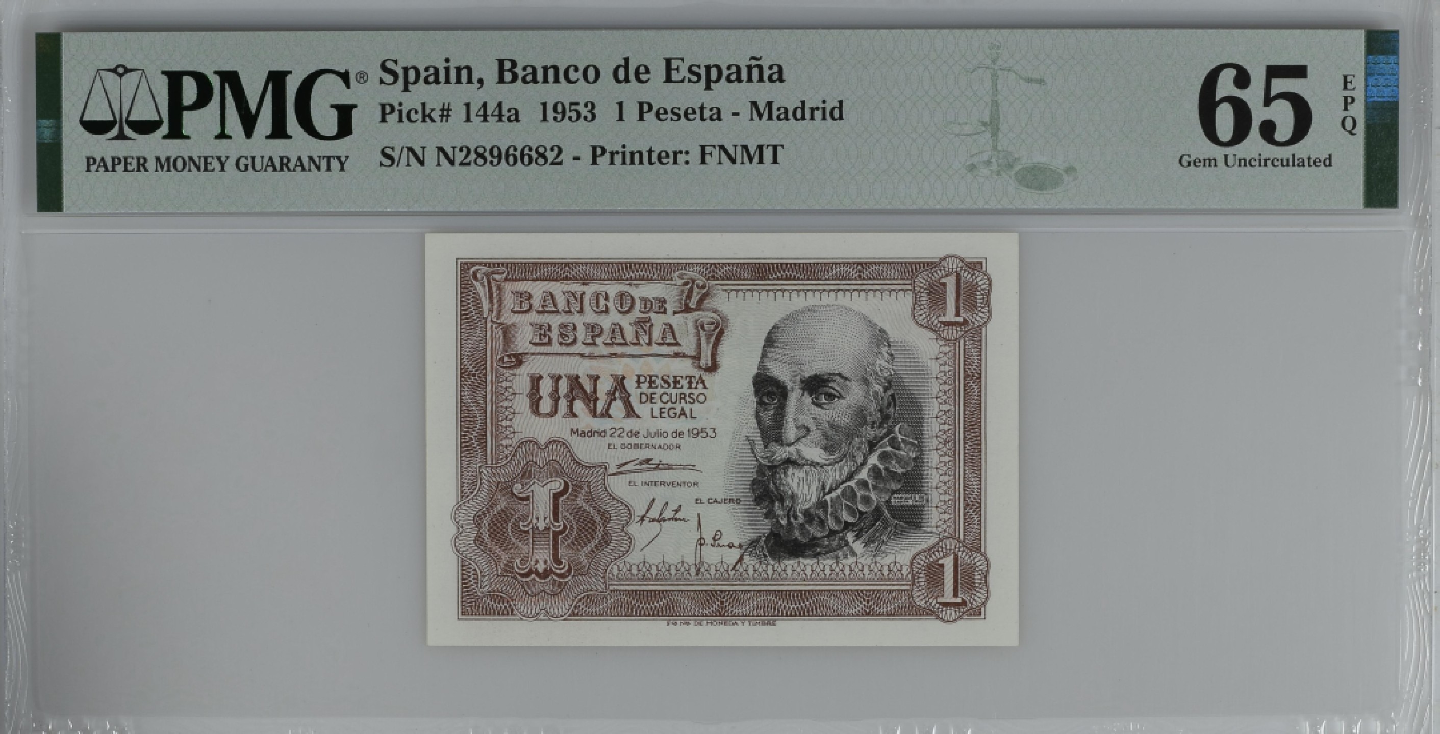紫瑗钱币——第284期拍卖—纸币团购场 满10件包邮 【65 EPQ】西班牙 1953年  圣克鲁斯侯爵 阿尔瓦罗·德·巴赞 1比塞塔 PMG N2896682