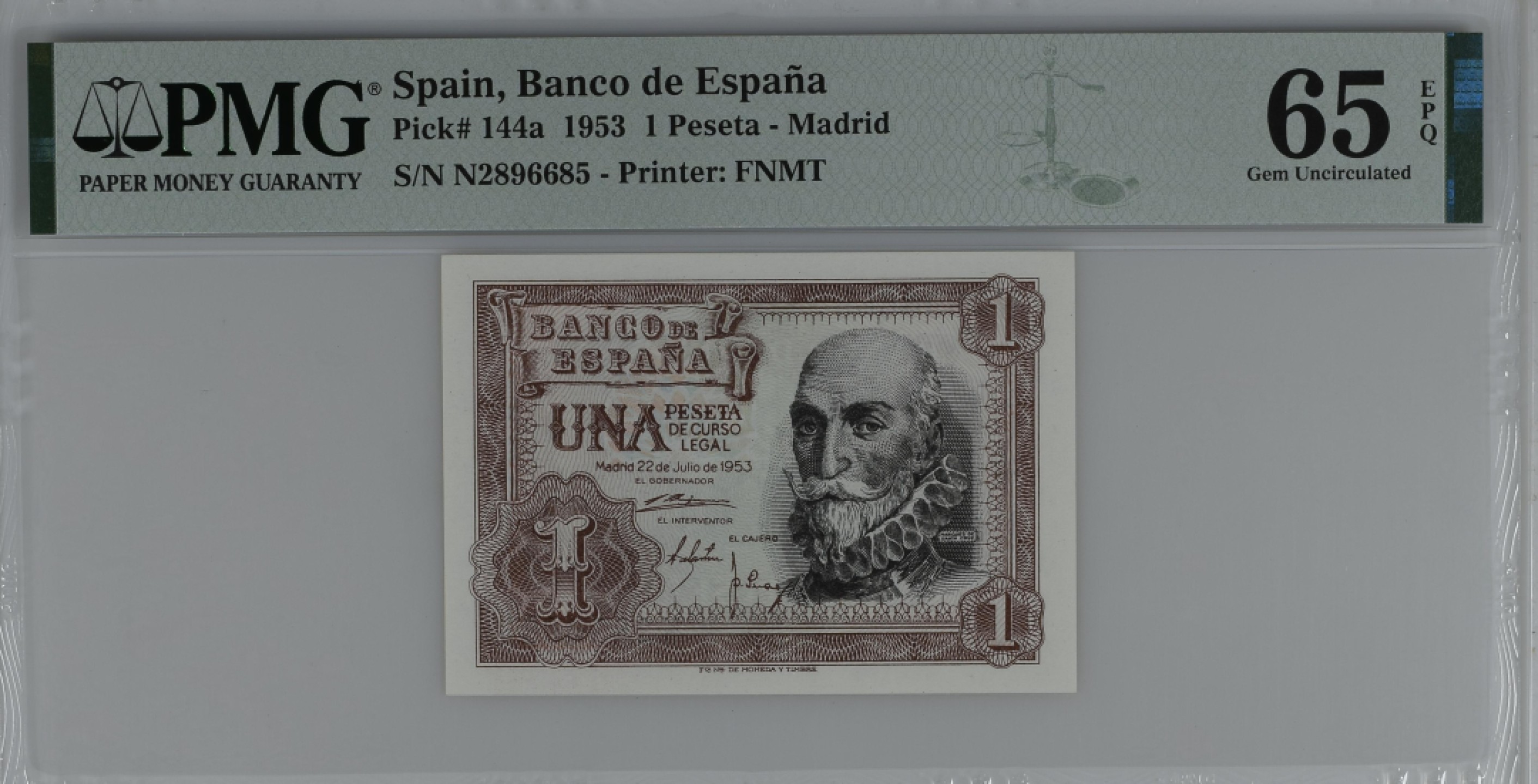紫瑗钱币——第284期拍卖—纸币团购场 满10件包邮 【65 EPQ】西班牙 1953年  圣克鲁斯侯爵 阿尔瓦罗·德·巴赞 1比塞塔 PMG N2896685
