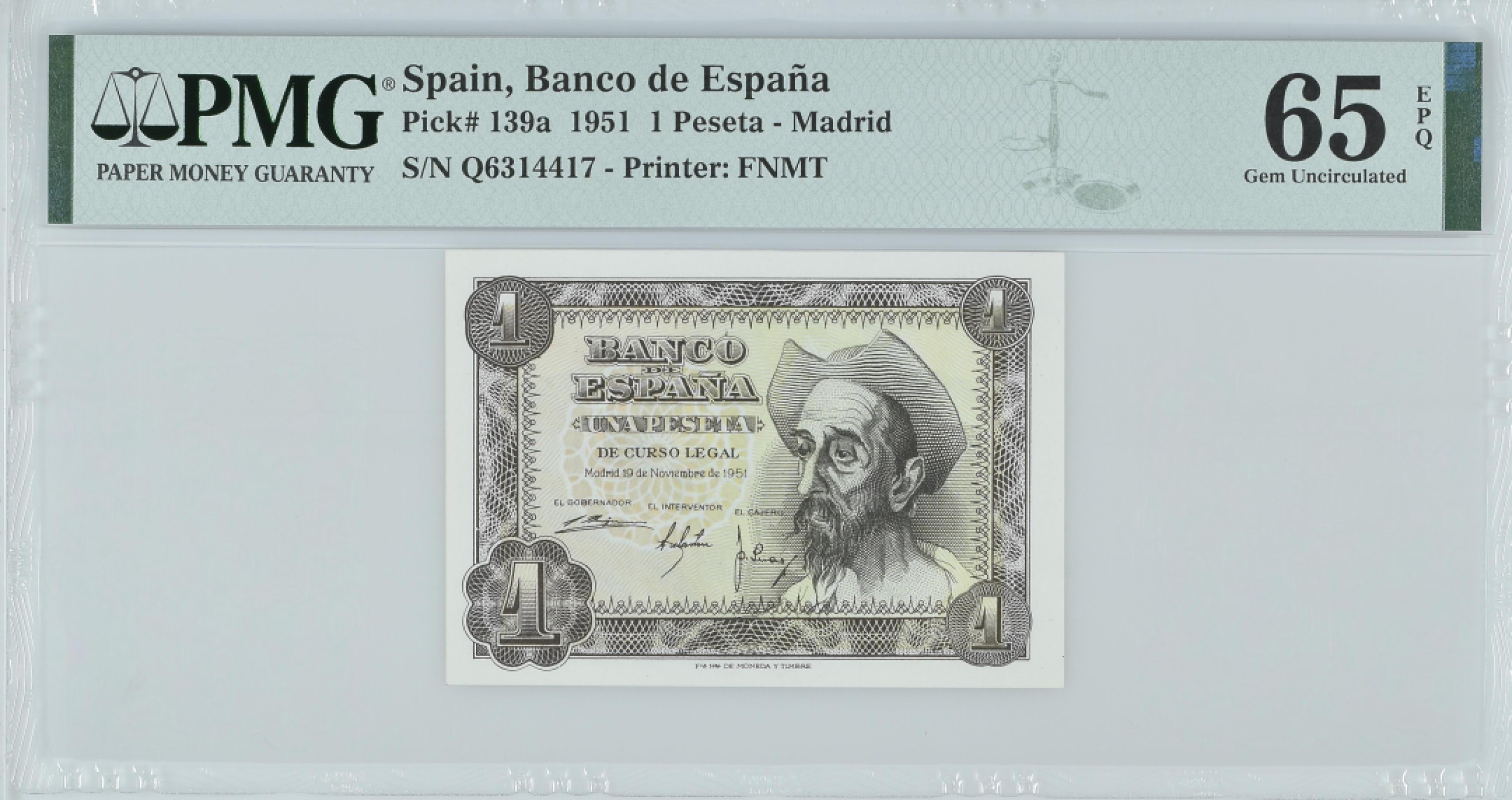 紫瑗钱币——第282期拍卖—纸币团购场（塞尔维亚 西班牙） 满10件包邮 【65 EPQ】西班牙 1951年 唐吉坷德 1比塞塔 PMG (p-139a) Q6314417
