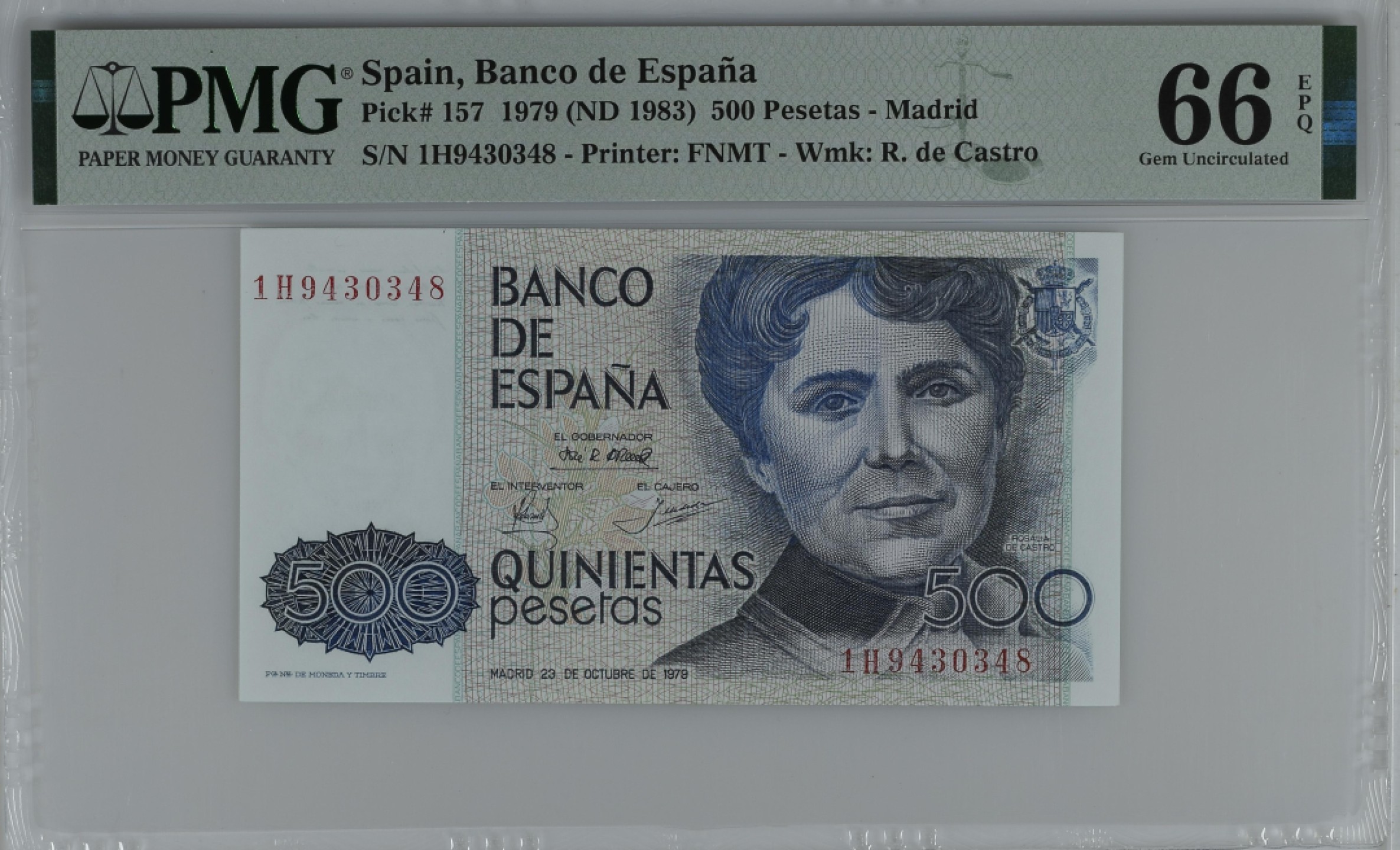 紫瑗钱币——第284期拍卖—纸币团购场 满10件包邮 【66 EPQ】西班牙 1979(1983)年 罗莎莉亚·德·卡斯特罗 500比塞塔 PMG 1H9430348