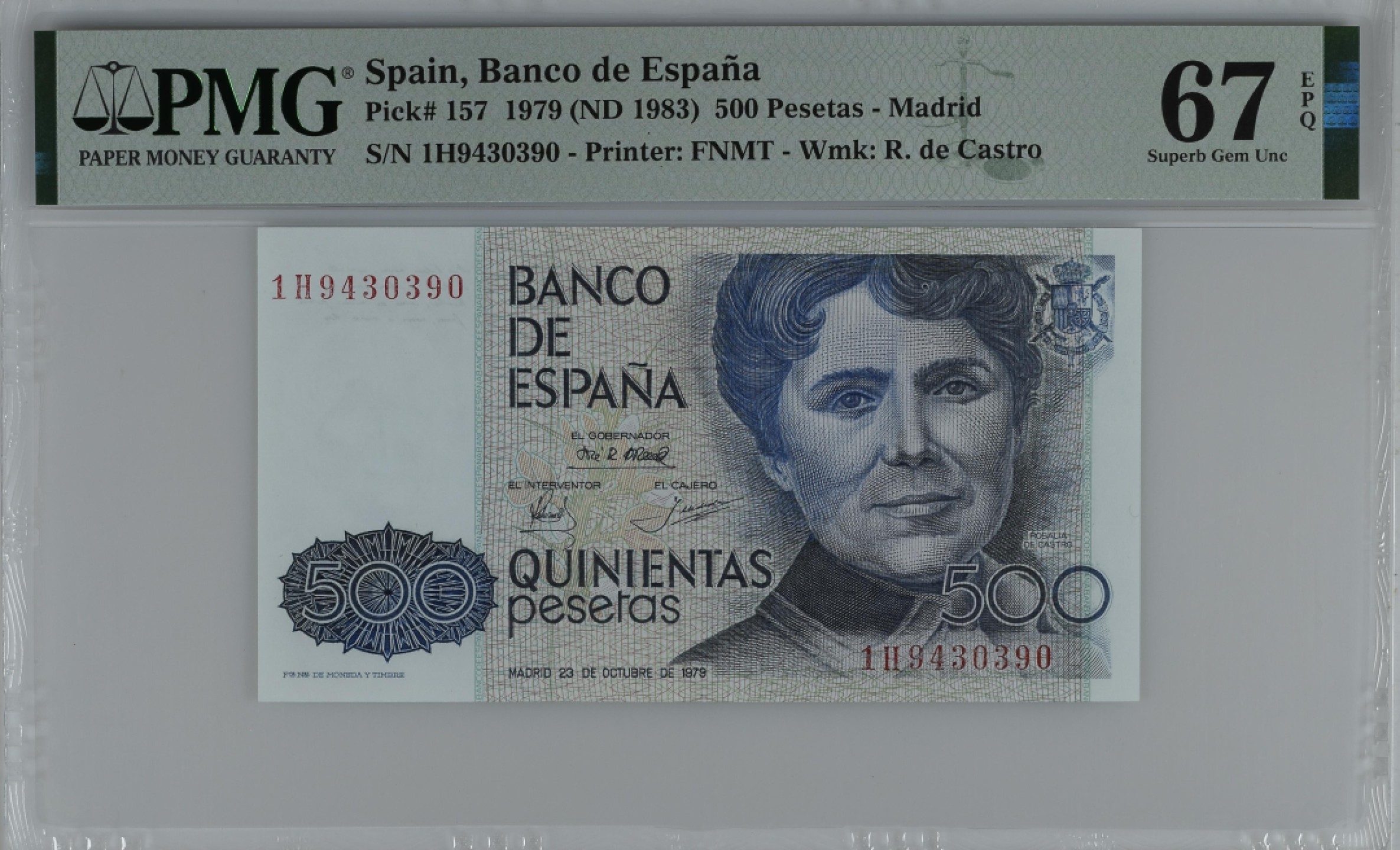 紫瑗钱币——第284期拍卖—纸币团购场 满10件包邮 【67 EPQ】西班牙 1979(1983)年 罗莎莉亚·德·卡斯特罗 500比塞塔 PMG 1H9430390