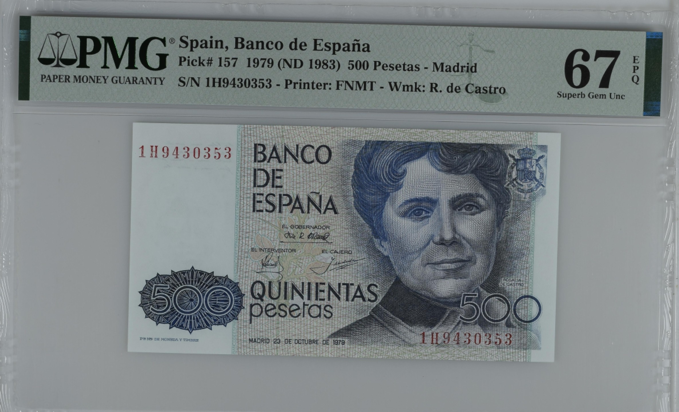 紫瑗钱币——第284期拍卖—纸币团购场 满10件包邮 【67 EPQ】西班牙 1979(1983)年 罗莎莉亚·德·卡斯特罗 500比塞塔 PMG 1H9430353