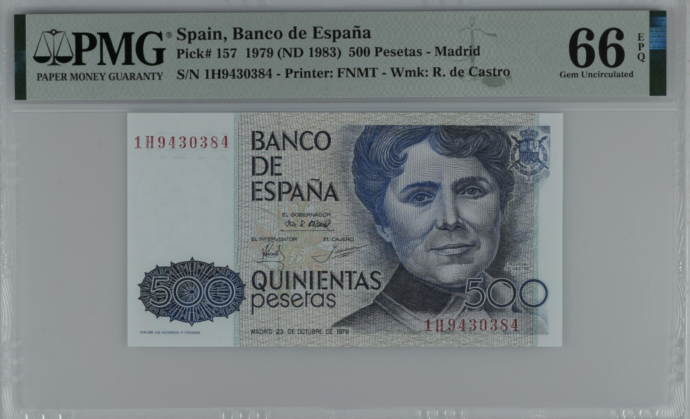 紫瑗钱币——第284期拍卖—纸币团购场 满10件包邮 【66 EPQ】西班牙 1979(1983)年 罗莎莉亚·德·卡斯特罗 500比塞塔 PMG 1H9430384