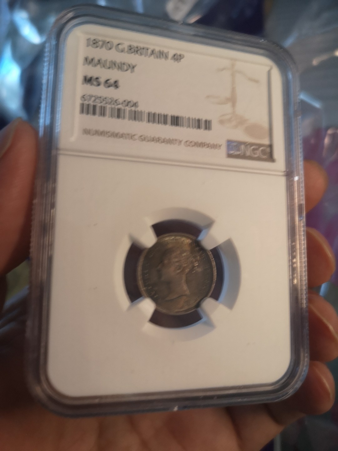 长老汇第6场老银币拍卖 英国1870维多利亚早期濯足币4便士银币，NGC MS64，发行量4488枚，价格是后期一倍以上，可以自己配套